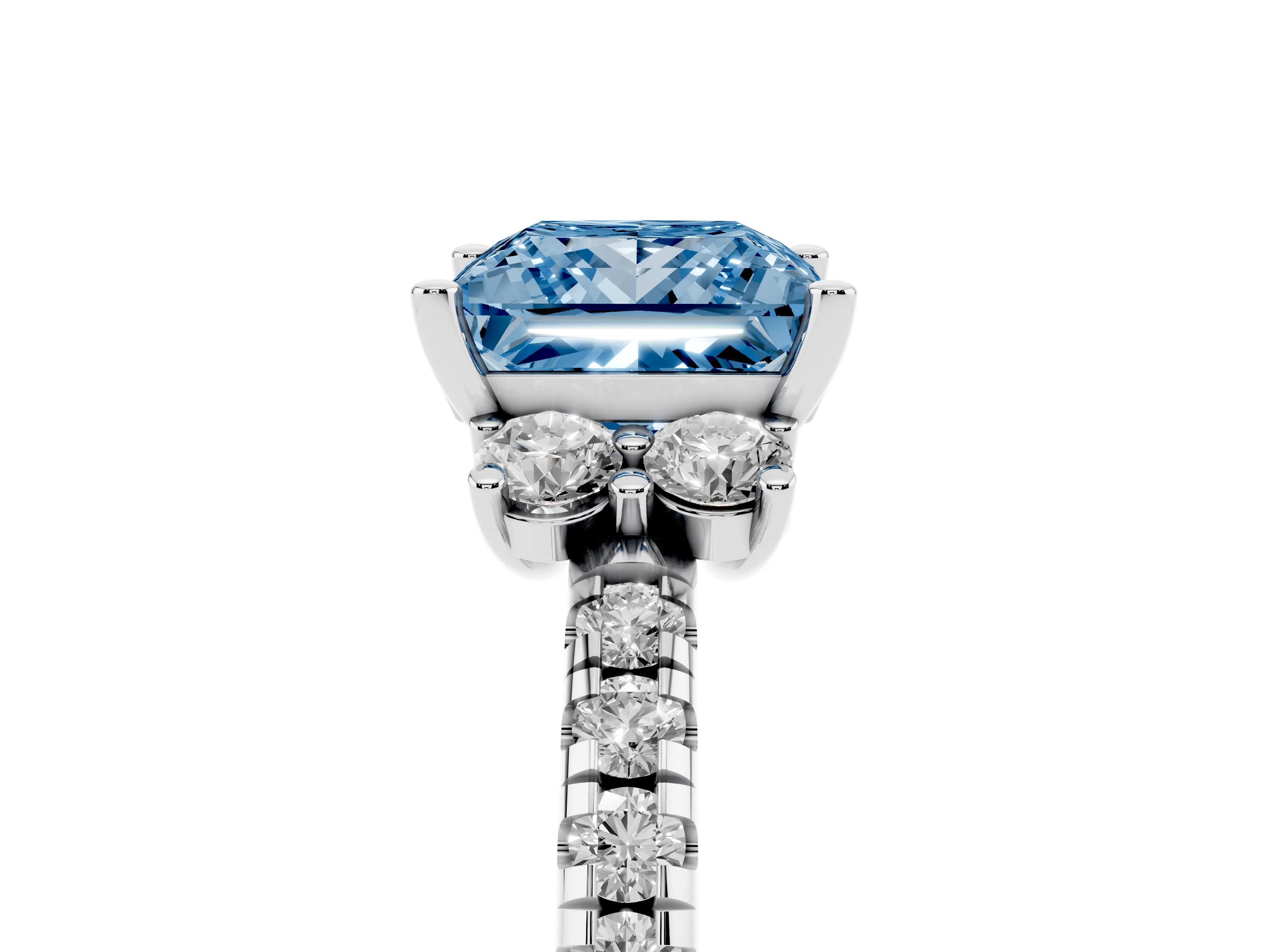 Fancy Blue Princess Cut Diamond Three-Stone Pavé Ring Set in White gold with Prong Setting