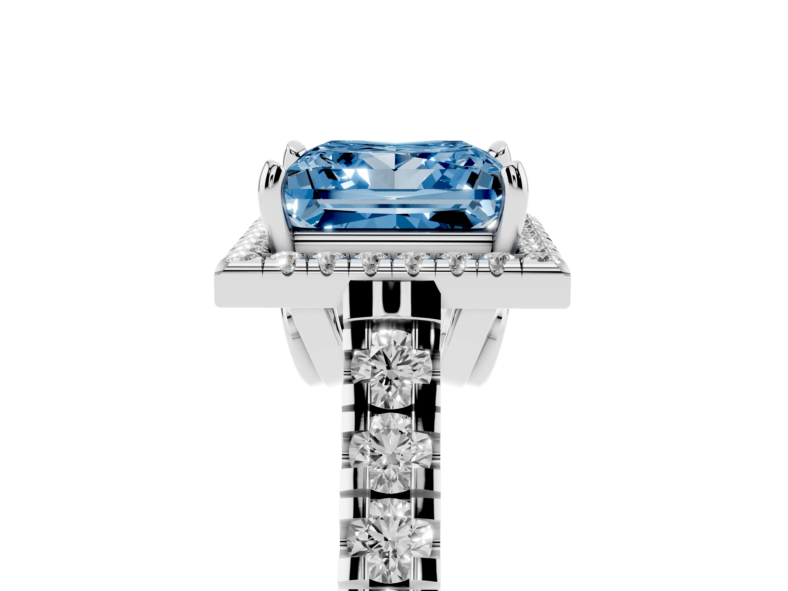 Fancy Blue Princess Cut Diamond Halo Engagement Ring Set in White gold with Pavé Band and Prong-Set Center