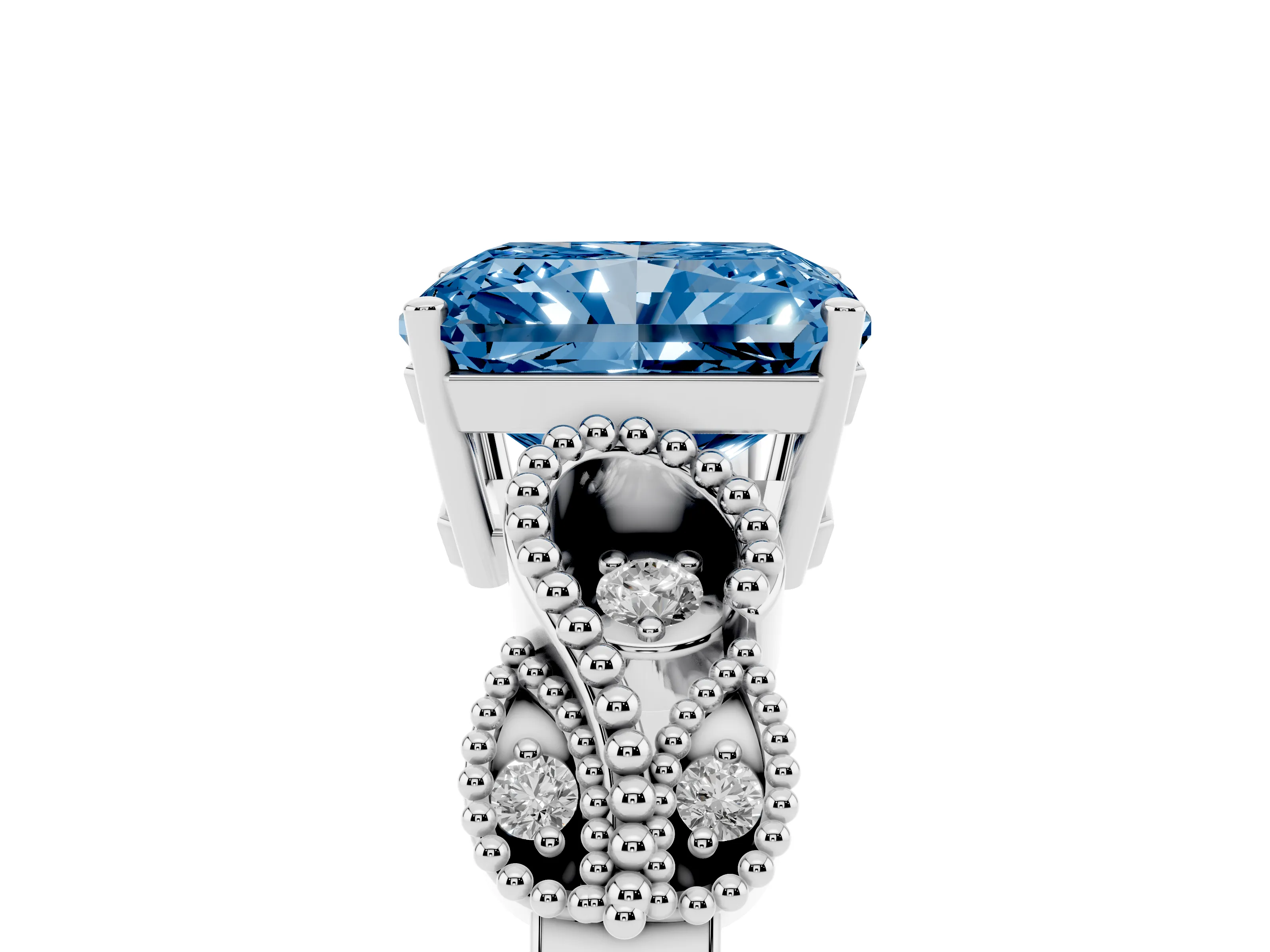 Fancy Blue Princess Cut Diamond Milgrain Leaf Band Solitaire Ring Set in Platinum with Accent Stones and Prong Setting