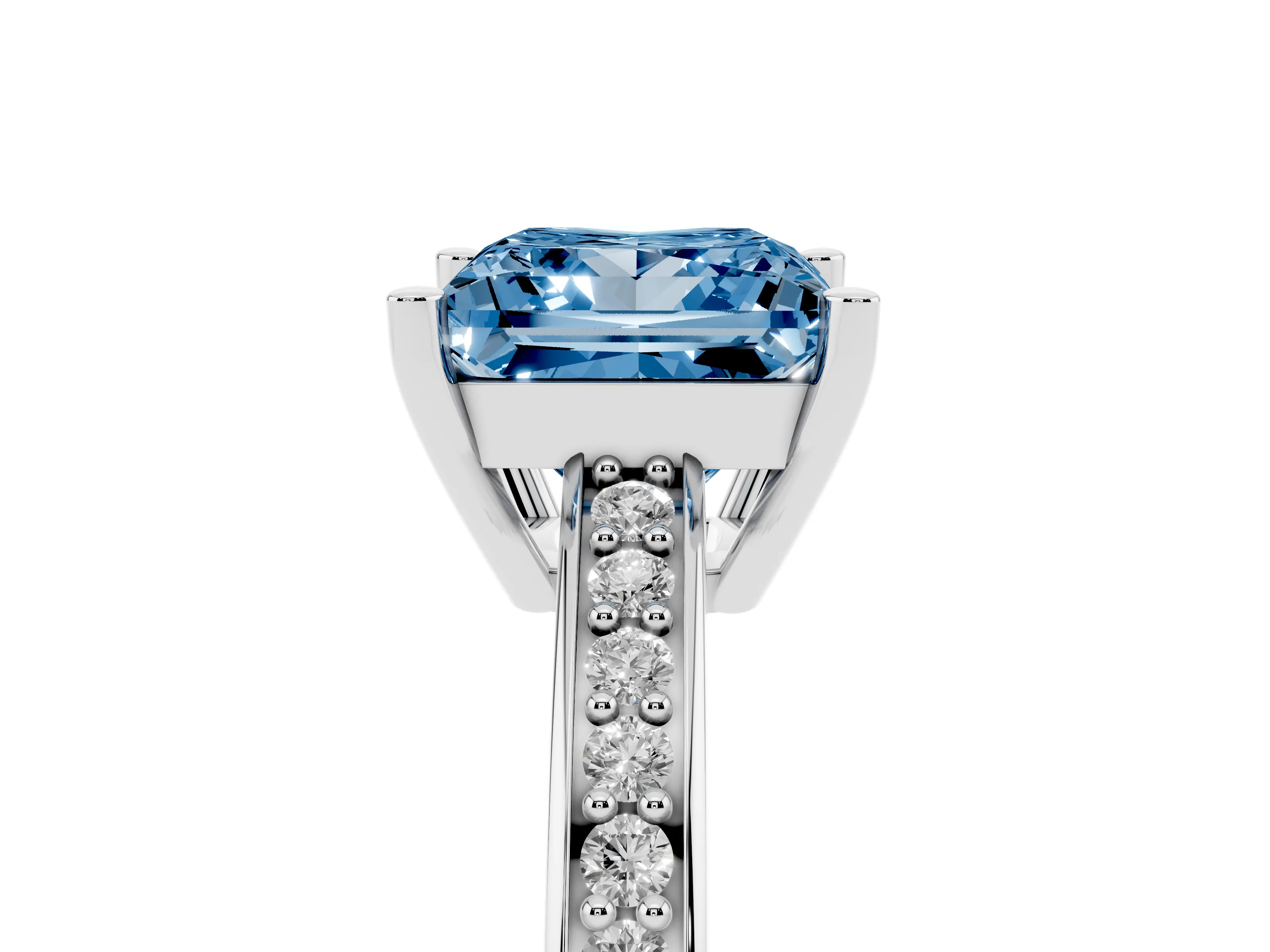 Fancy Blue Princess Cut Diamond Pavé Band Prong Set Solitaire Ring Set in Silver