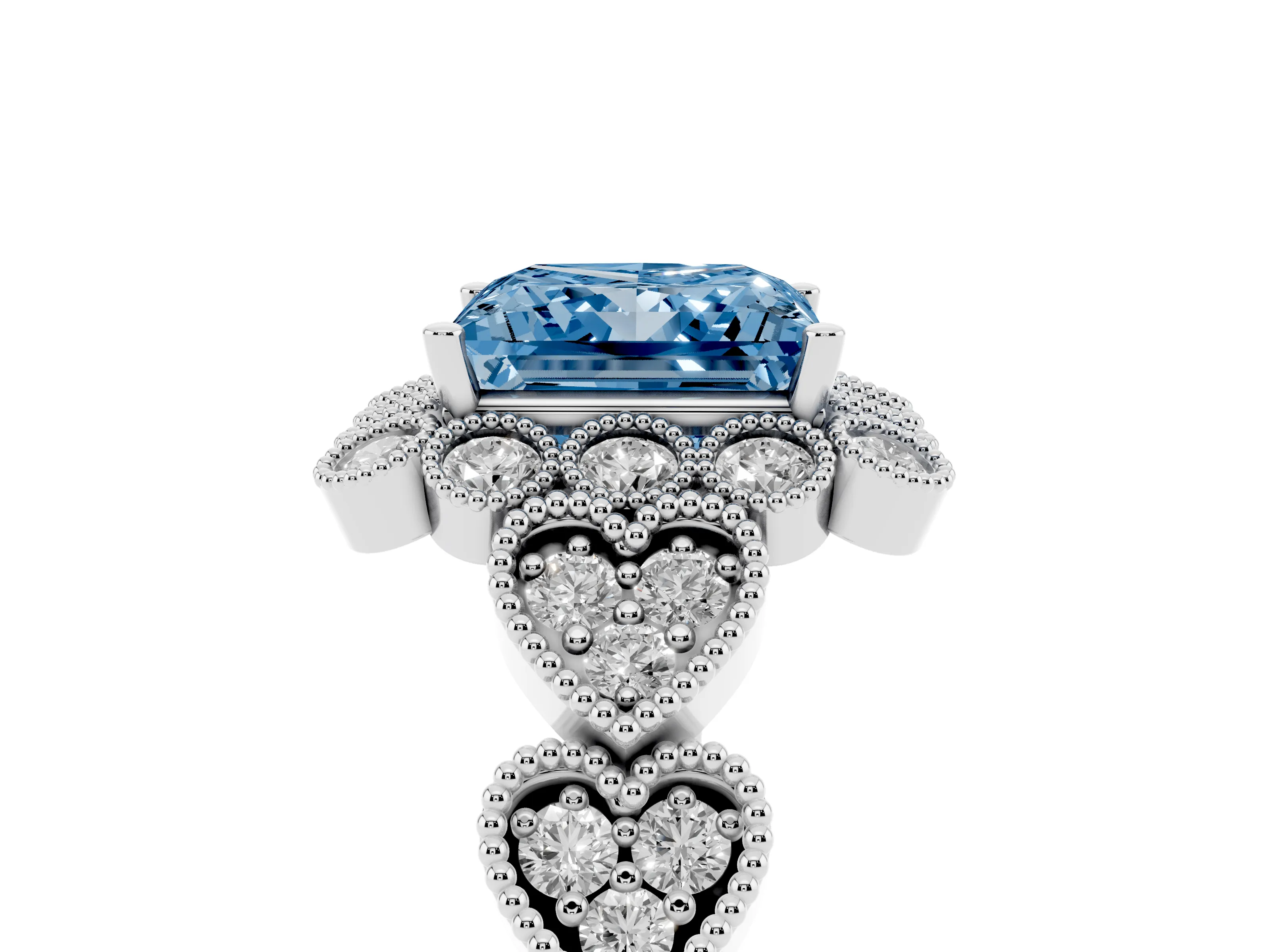 Fancy Blue Princess Cut Diamond Solitaire Ring Set in White gold with Milgrain Pavé Heart Band