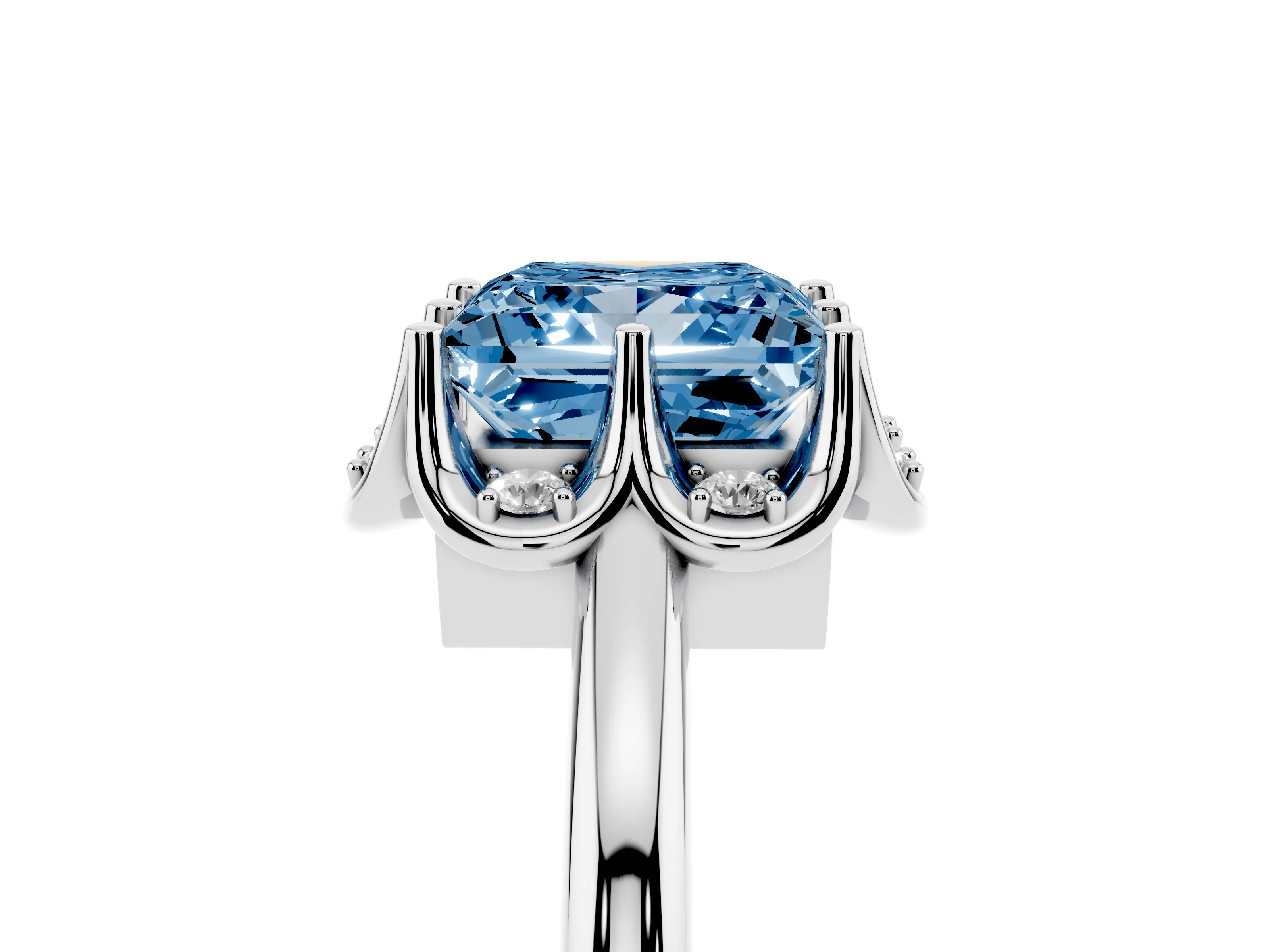 Fancy Blue Princess Cut Diamond Round Cluster Halo Ring Set in Platinum with Solitaire Band and Prong Setting