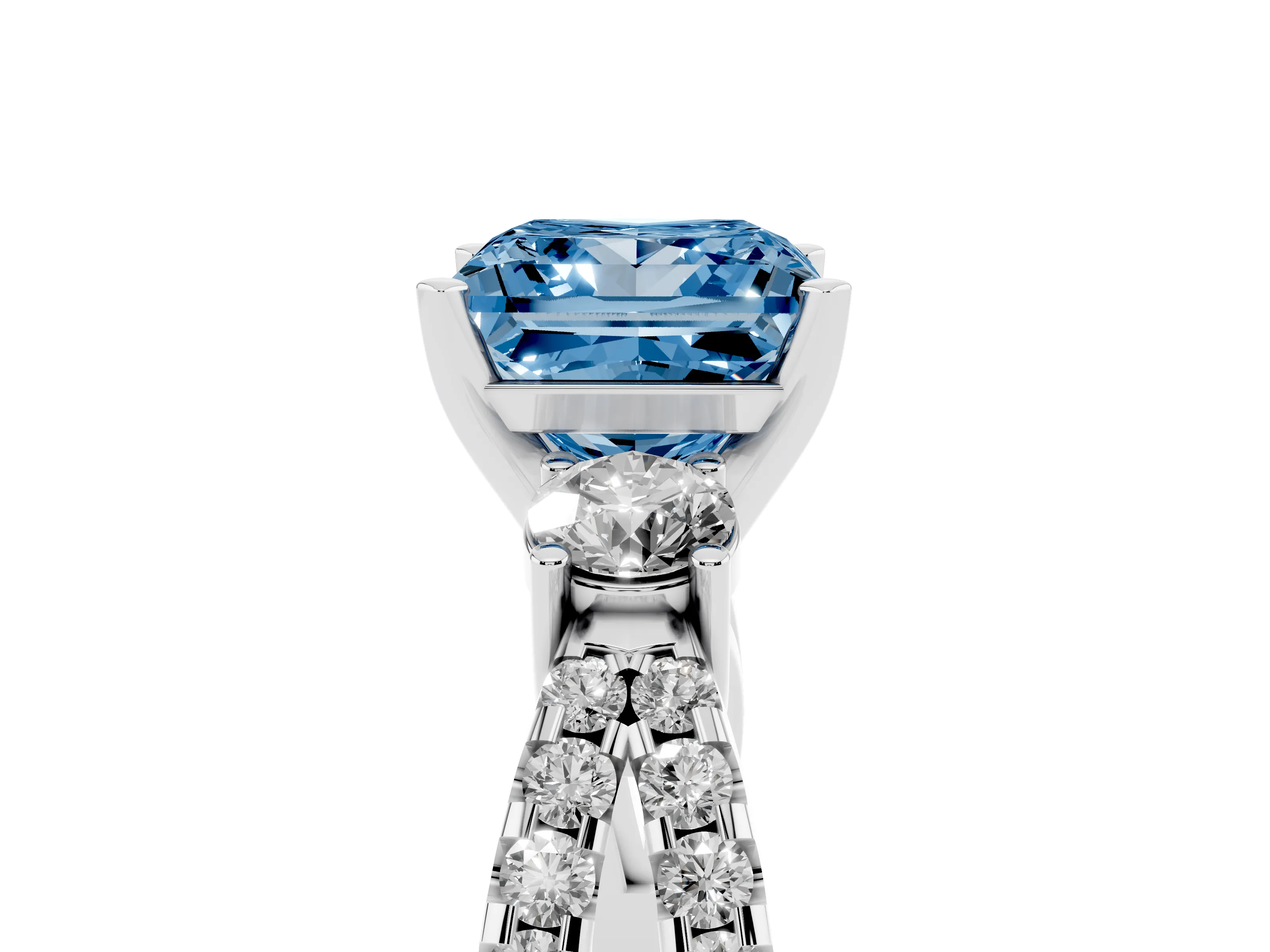 Fancy Blue Princess Cut Diamond Three-Stone Ring Set in Platinum with Pavé Split Shank and Prong Setting