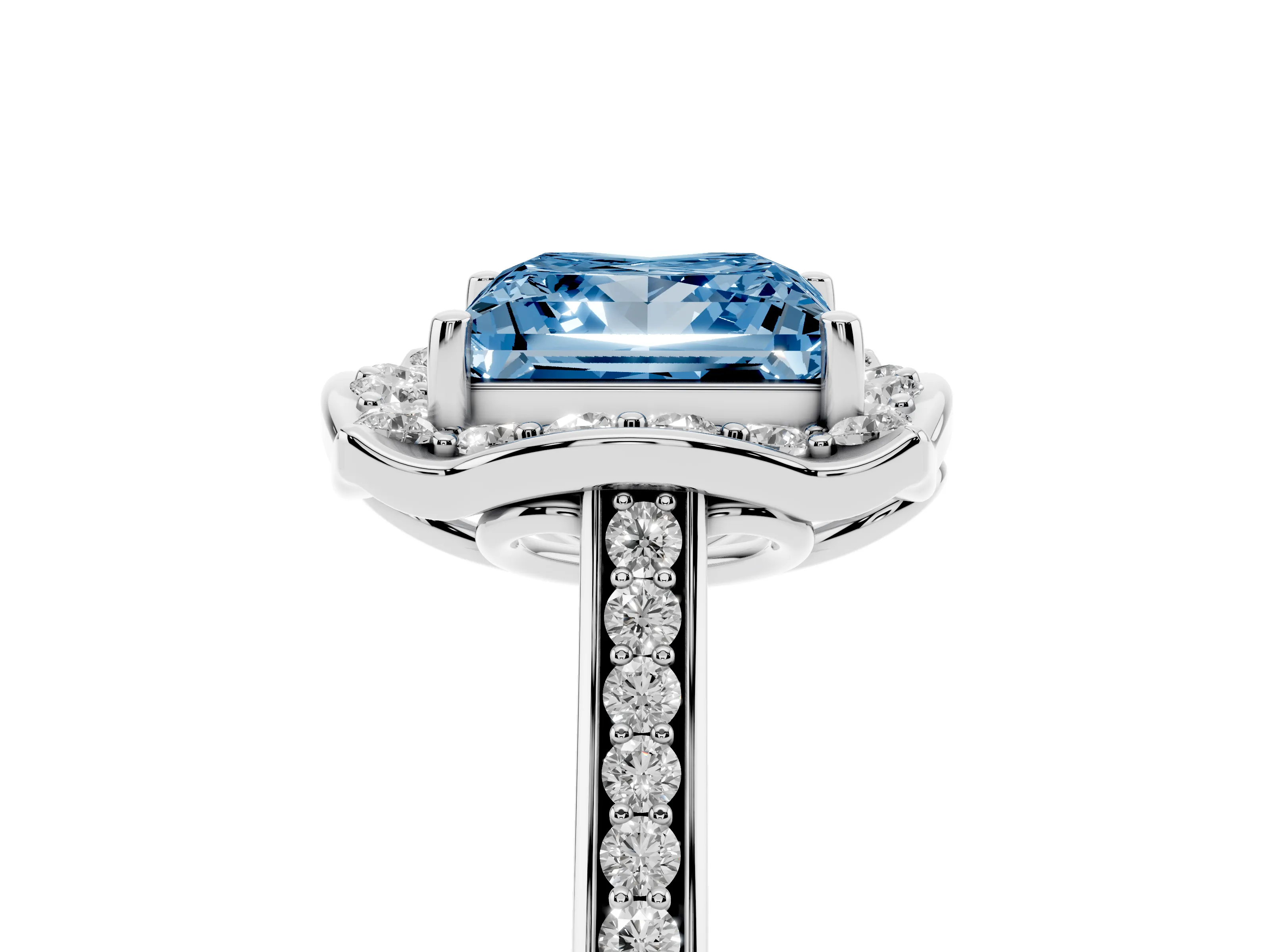 Fancy Blue Princess Cut Diamond Halo Ring Set in Silver with Pavé-Lined Shoulders and Prong Setting