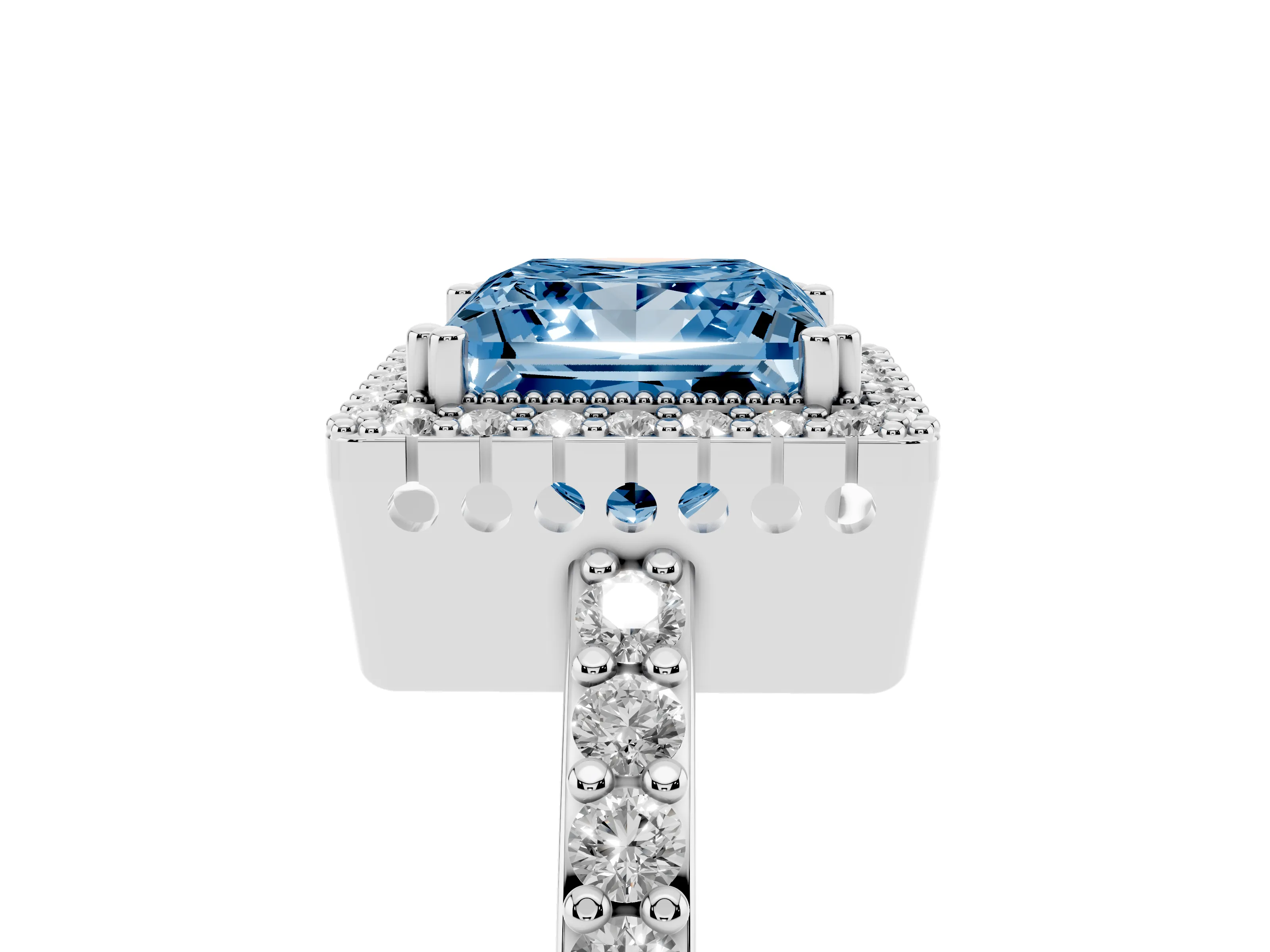 Fancy Blue Princess Cut Diamond Halo Engagement Ring Set in White gold with Milgrain Detail and Pavé Band