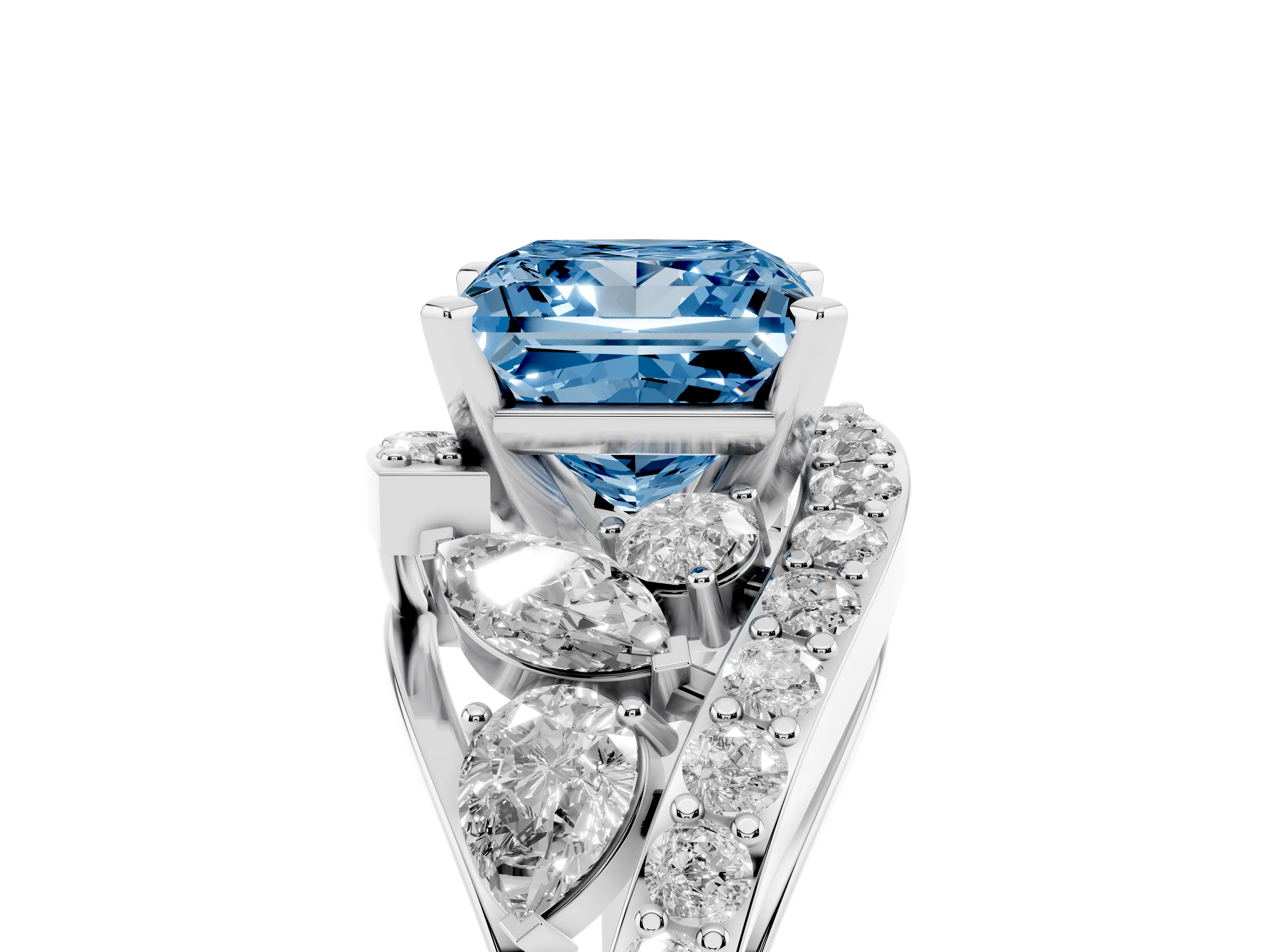 Fancy Blue Princess Cut Diamond Halo Ring Set in White gold with Marquise and Pavé Band in Prong Setting