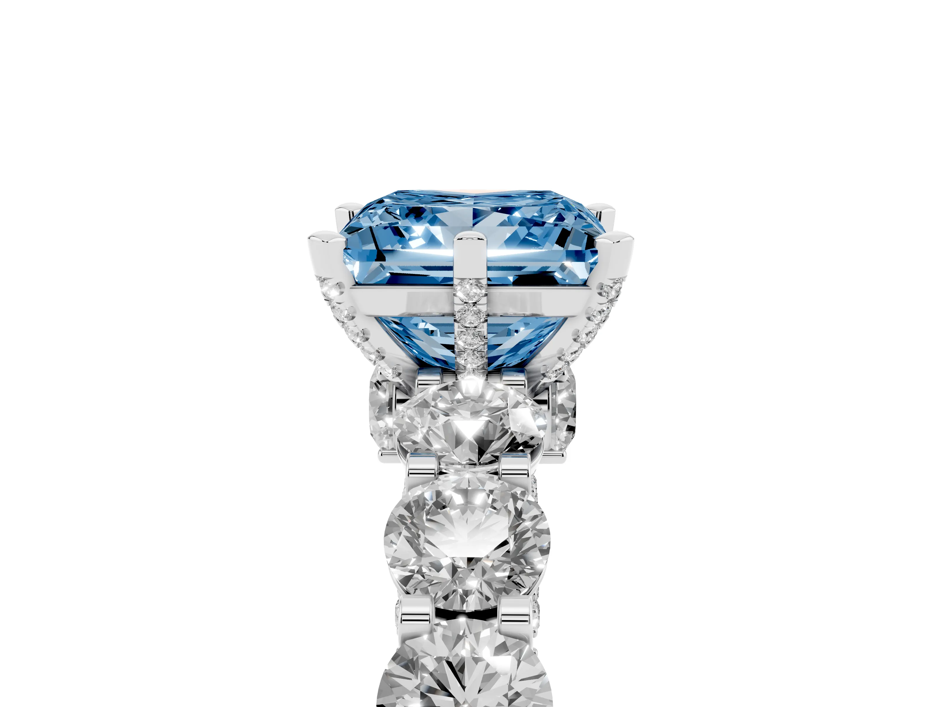 Fancy Blue Princess Cut Diamond Side Stone Ring Set in Platinum with Alternating Round and Oval Side Stones
