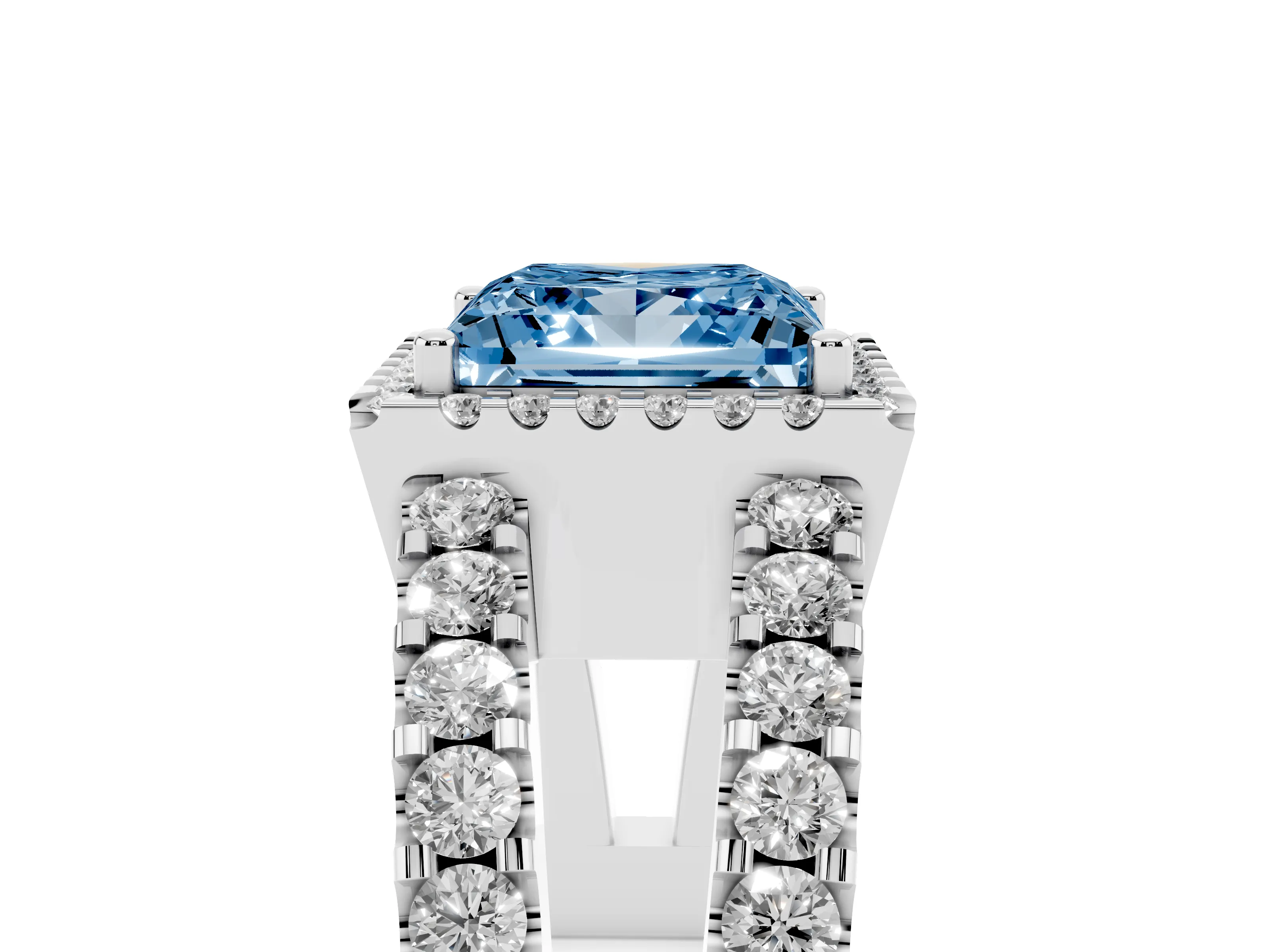 Fancy Blue Princess Cut Diamond Halo Ring Set in White gold with Pavé Split Shank and Prong Setting