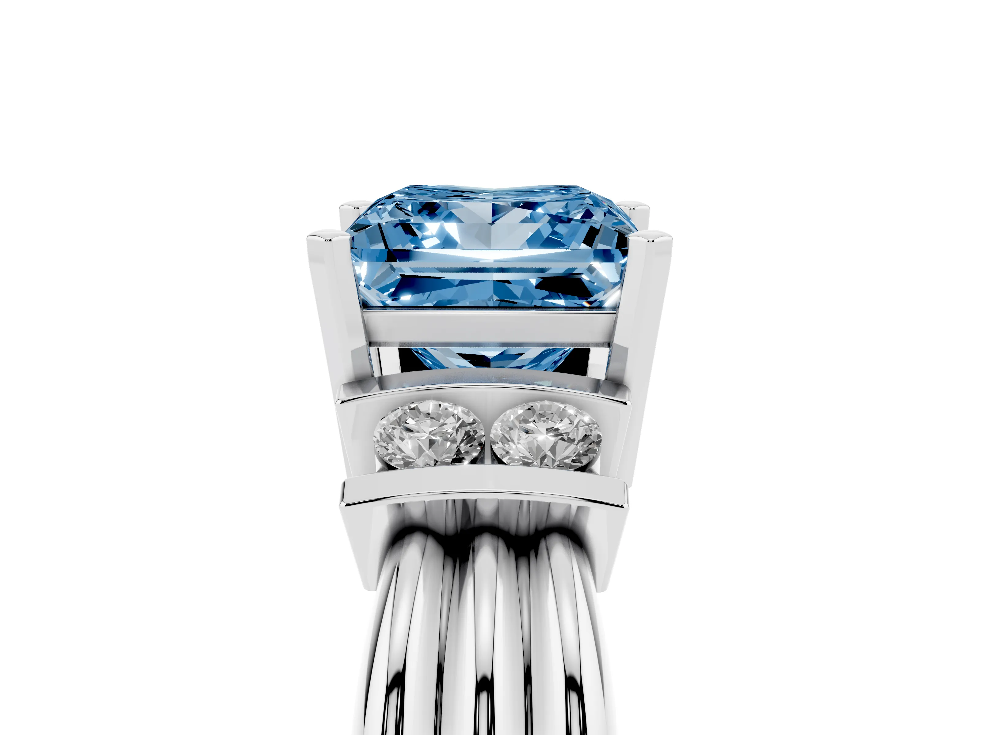 Fancy Blue Three-Stone Princess Cut Diamond Channel Set Ring Set in White gold with Bar Prongs