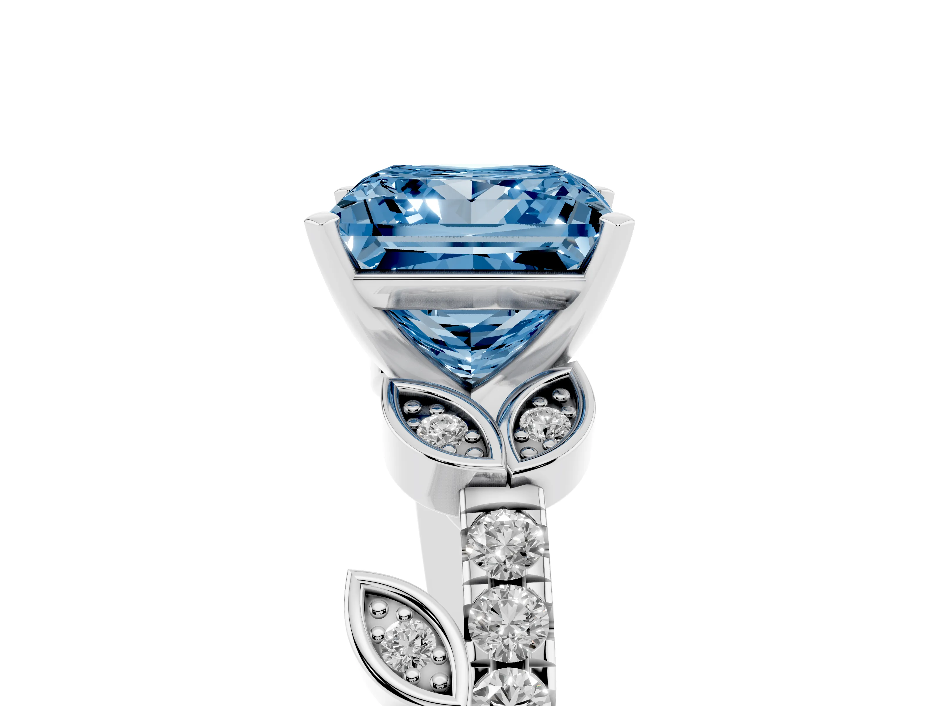 Fancy Blue Princess Cut Diamond Solitaire Leaf-Inspired Ring Set in White gold with Pavé Band and Prong Setting