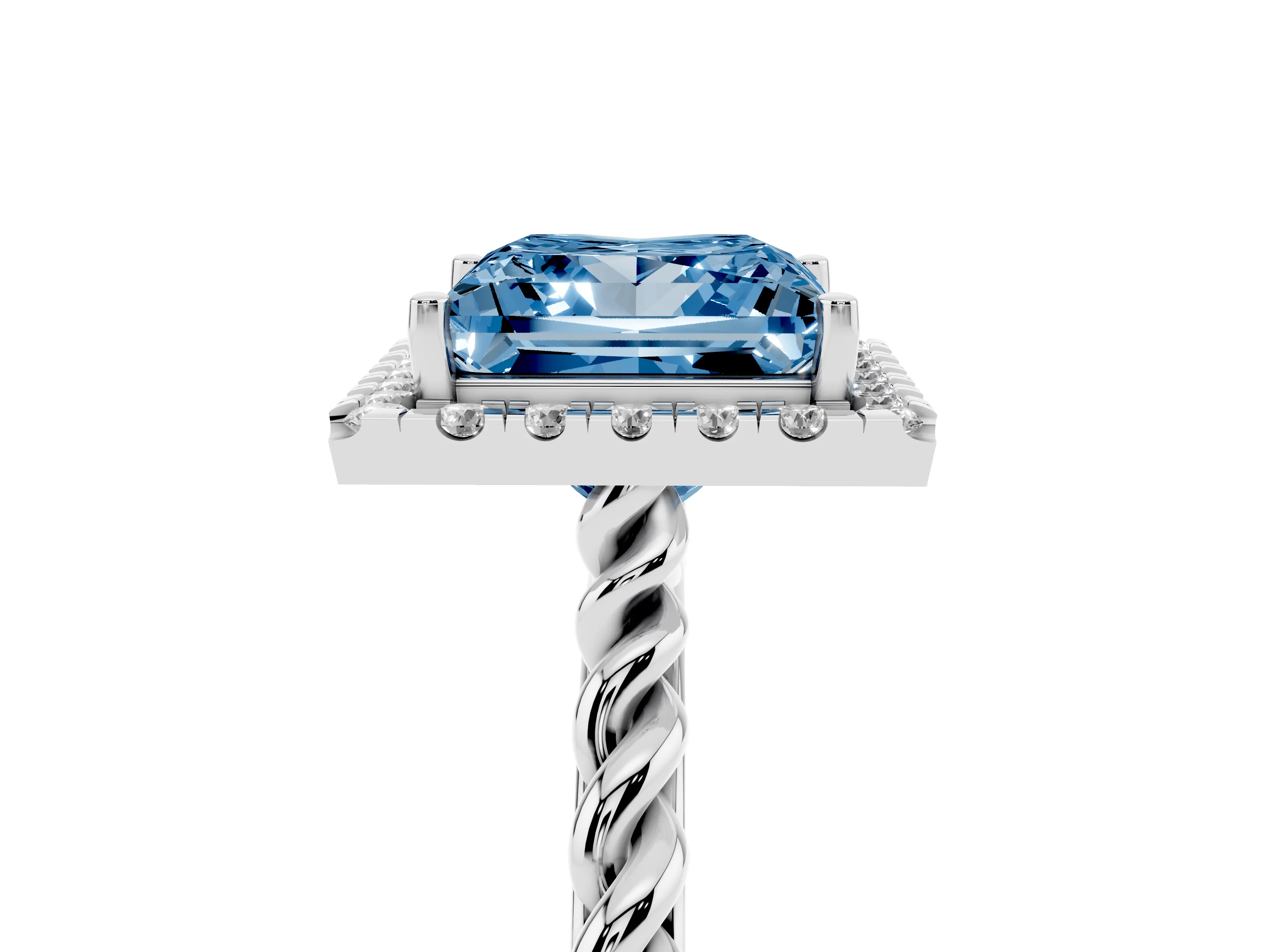 Fancy Blue Princess Cut Diamond Halo Ring Set in Platinum with Plain Twisted Band