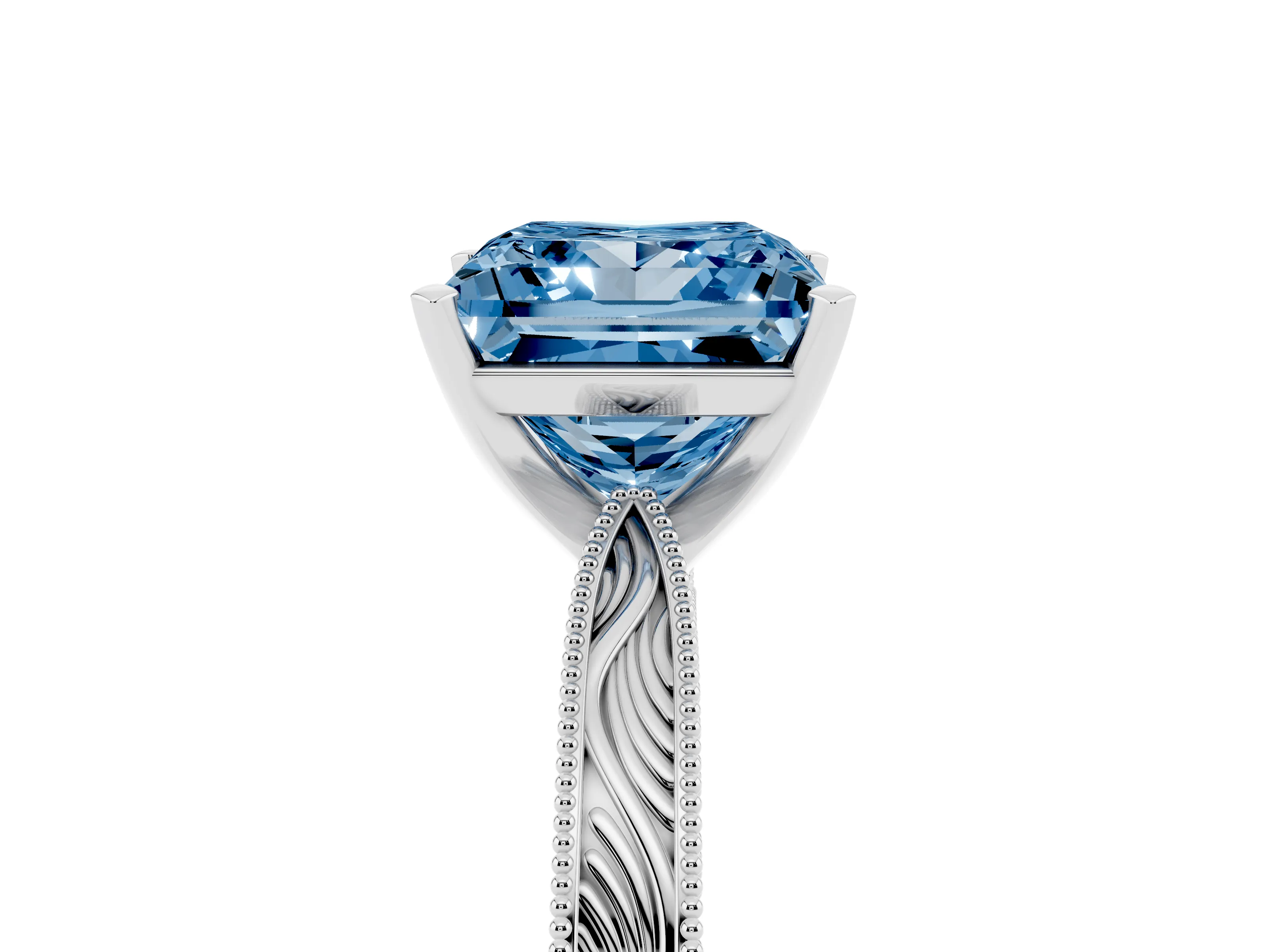 Fancy Blue Princess Cut Diamond Solitaire Milgrain Engraved Band Set in Platinum with Prong Setting