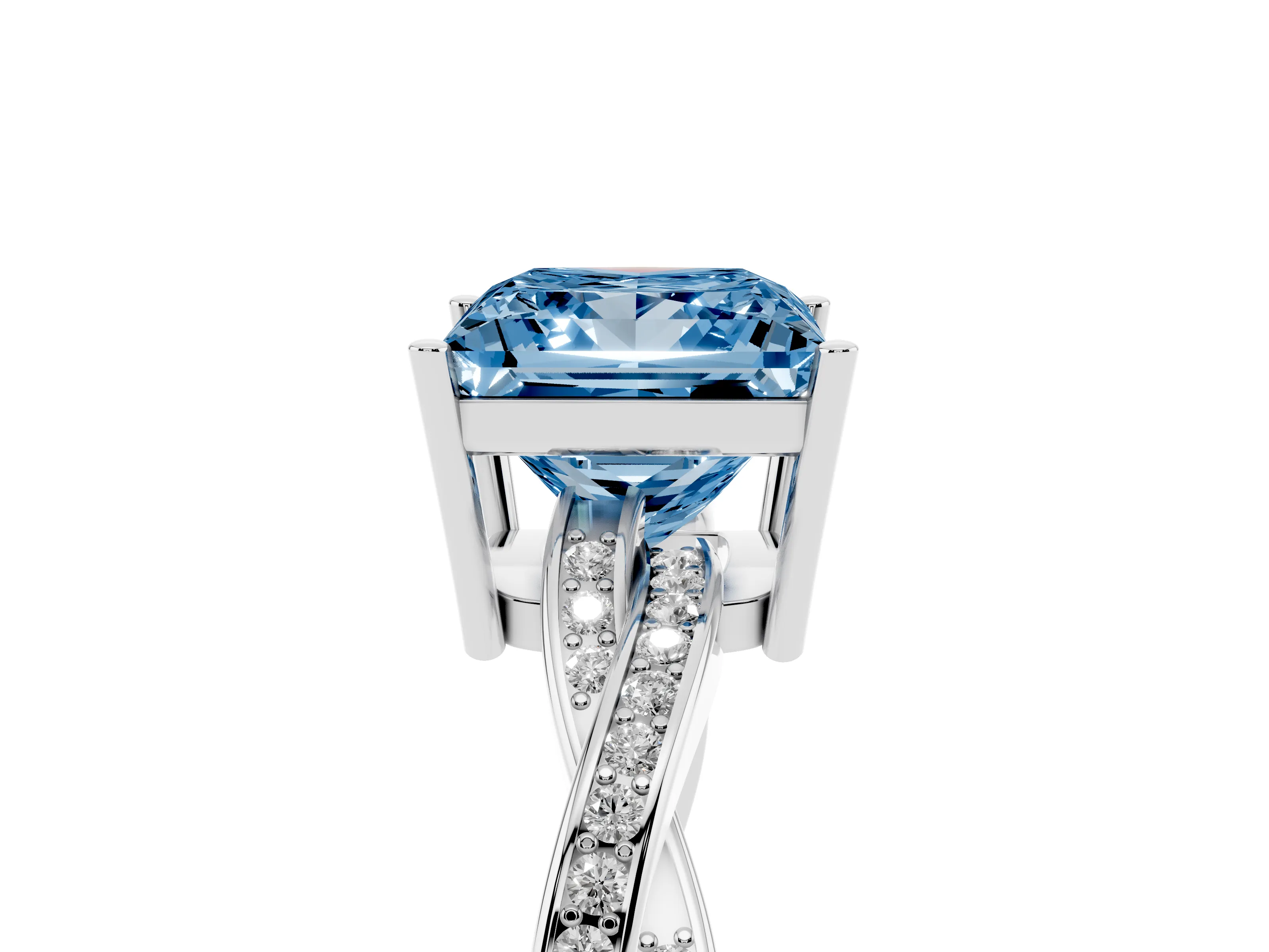 Fancy Blue Princess Cut Diamond Solitaire Twisted Pavé Ring Set in Silver with Prong Setting