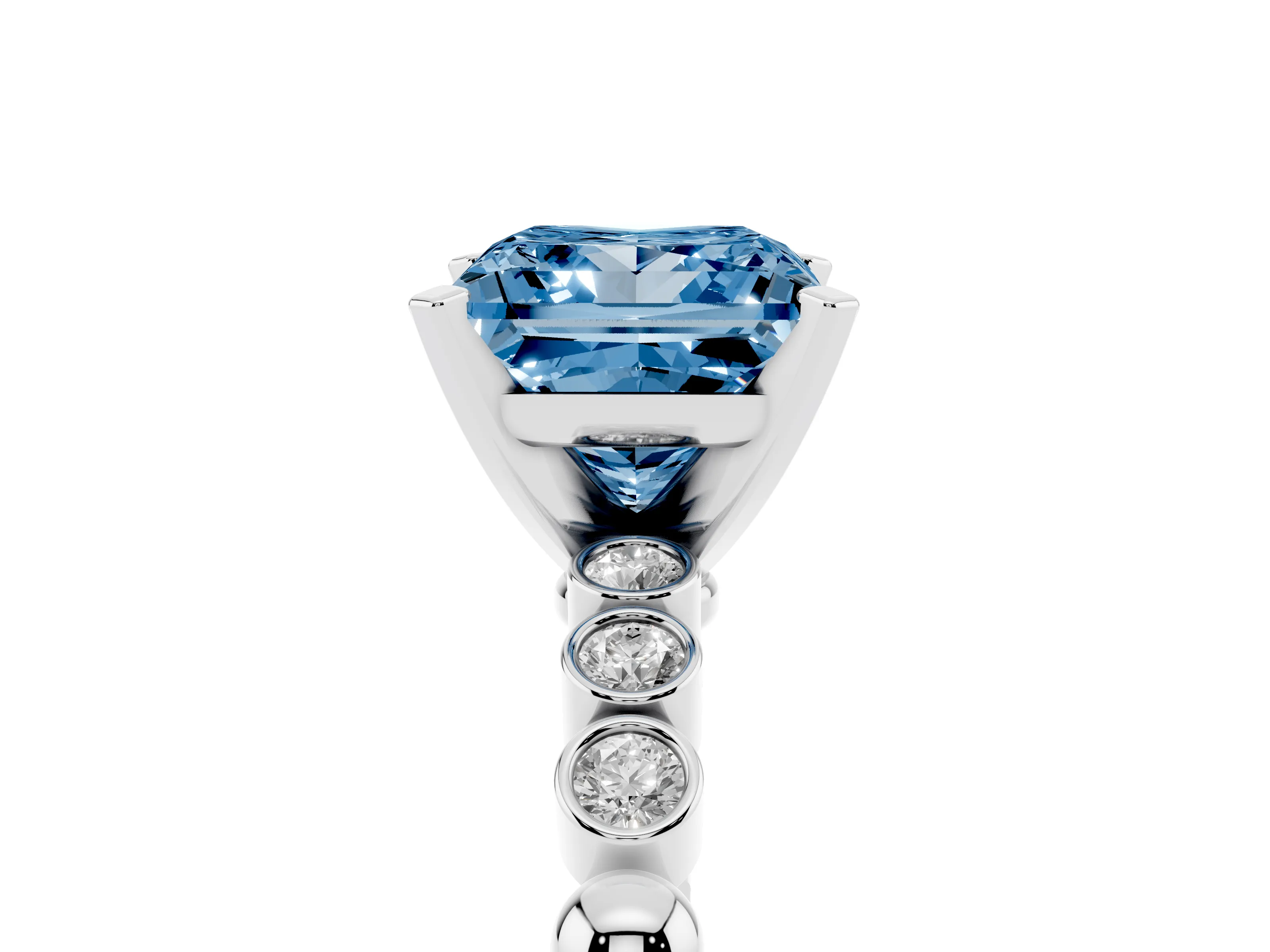 Fancy Blue Princess Cut Diamond Solitaire Engagement Ring Set in Silver with Bezel Accents on Beaded Band