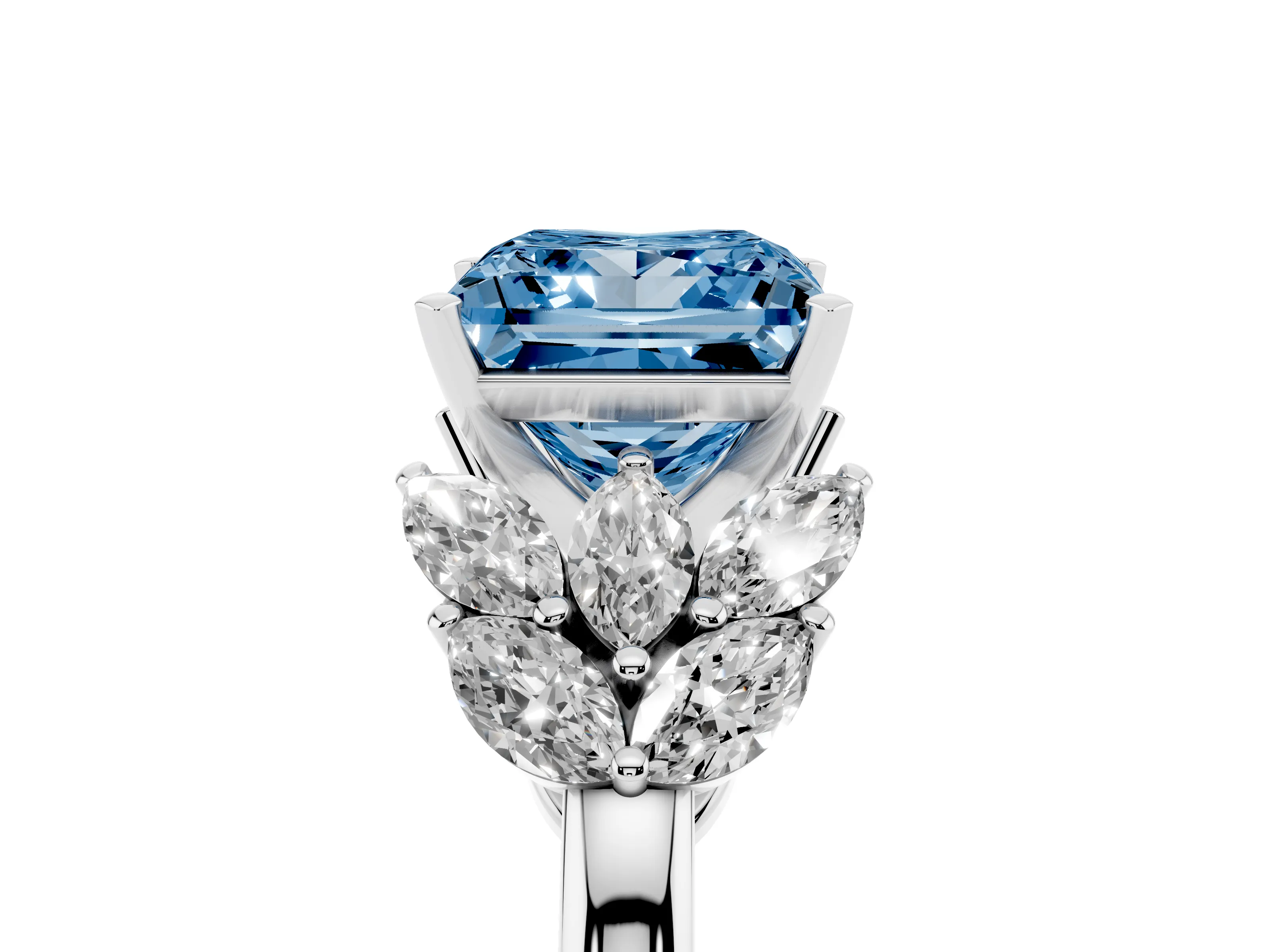 Fancy Blue Princess Cut Diamond Cluster Leaf Design Ring Set in White gold with Prong Setting