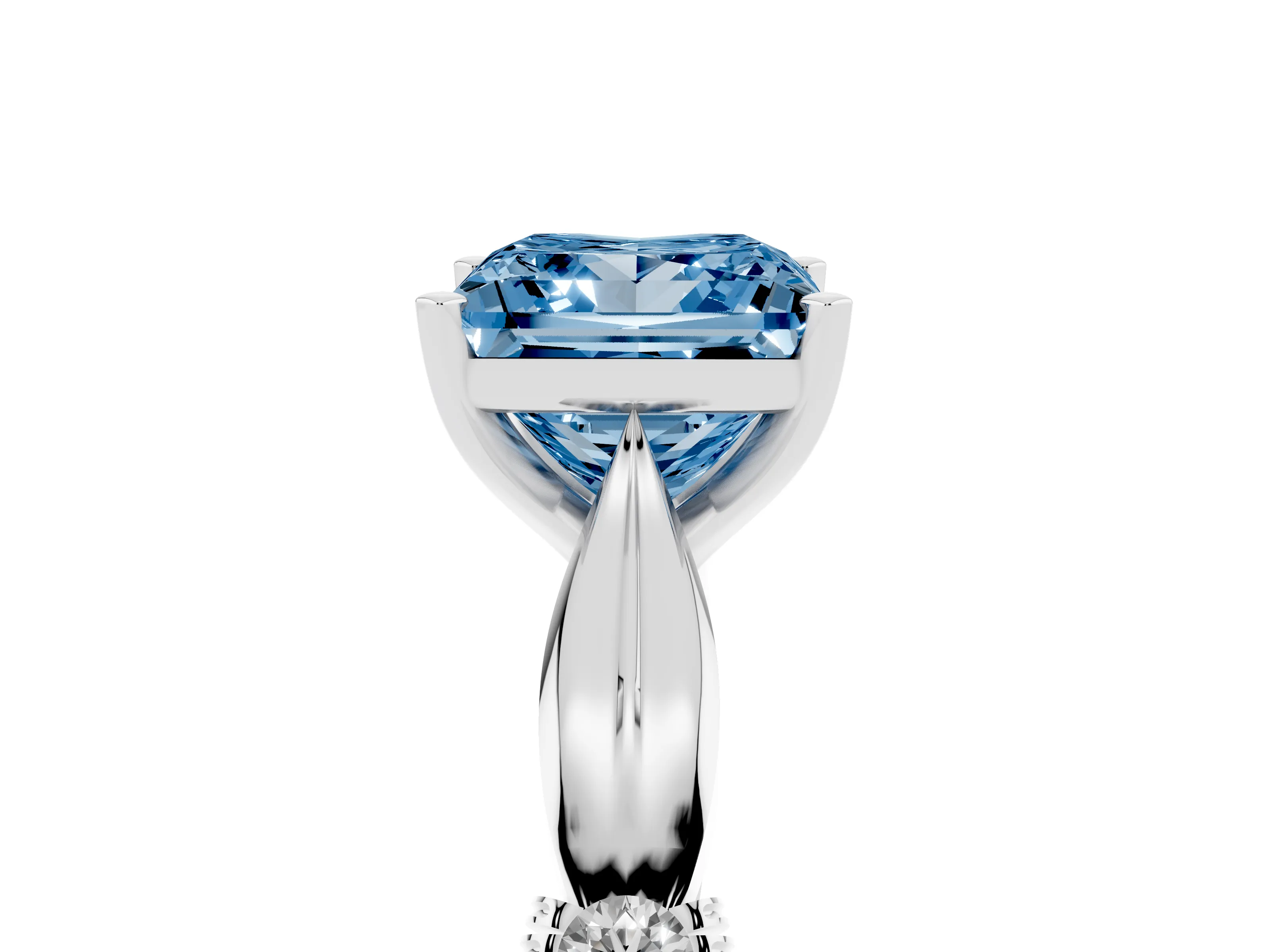 Fancy Blue Princess Cut Diamond Solitaire Twisted Band Ring Set in White gold with Accent Stones and Prong Setting