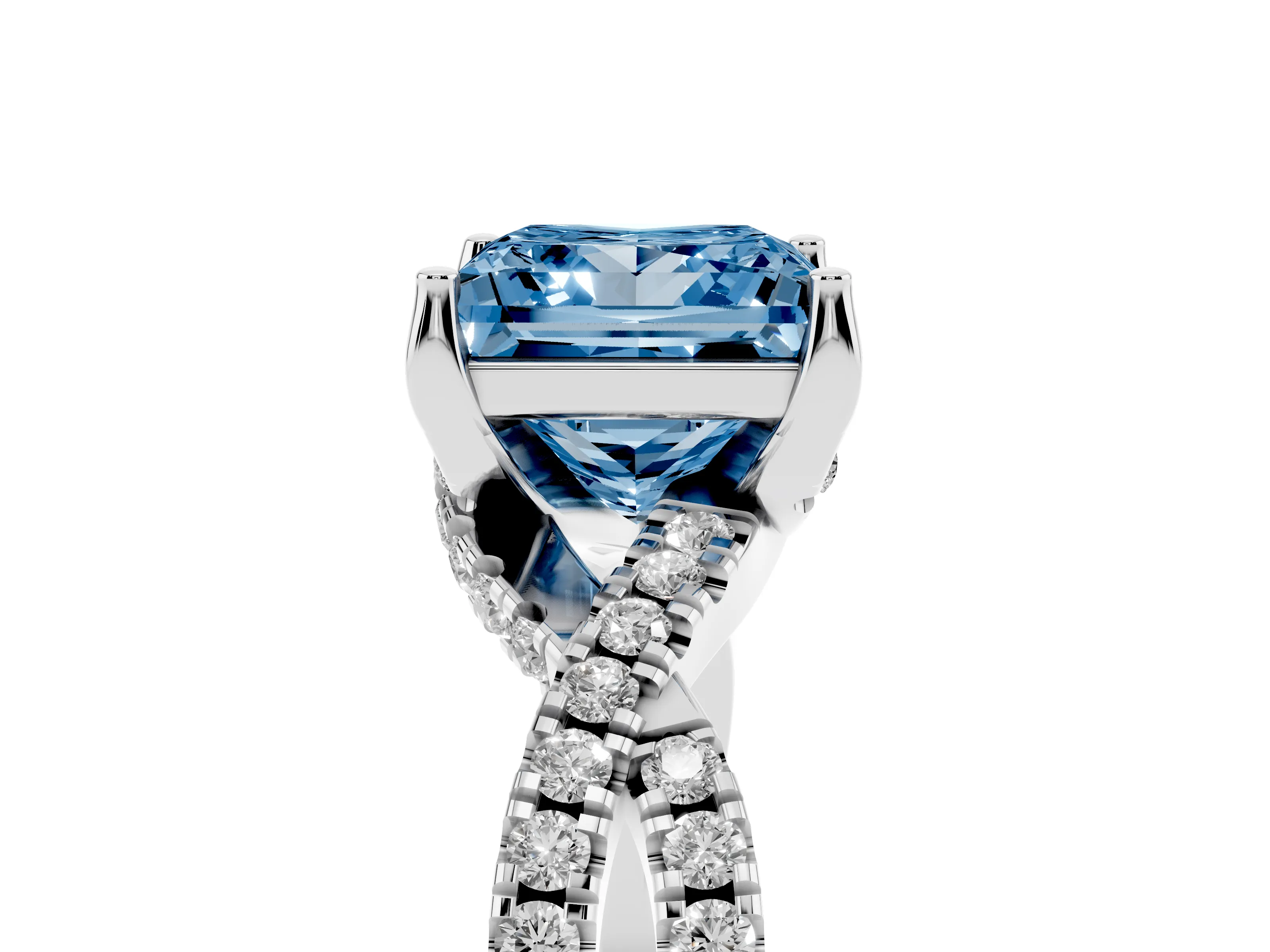 Fancy Blue Princess Cut Diamond Twist Pavé Solitaire Engagement Ring Set in Silver with Prong Setting