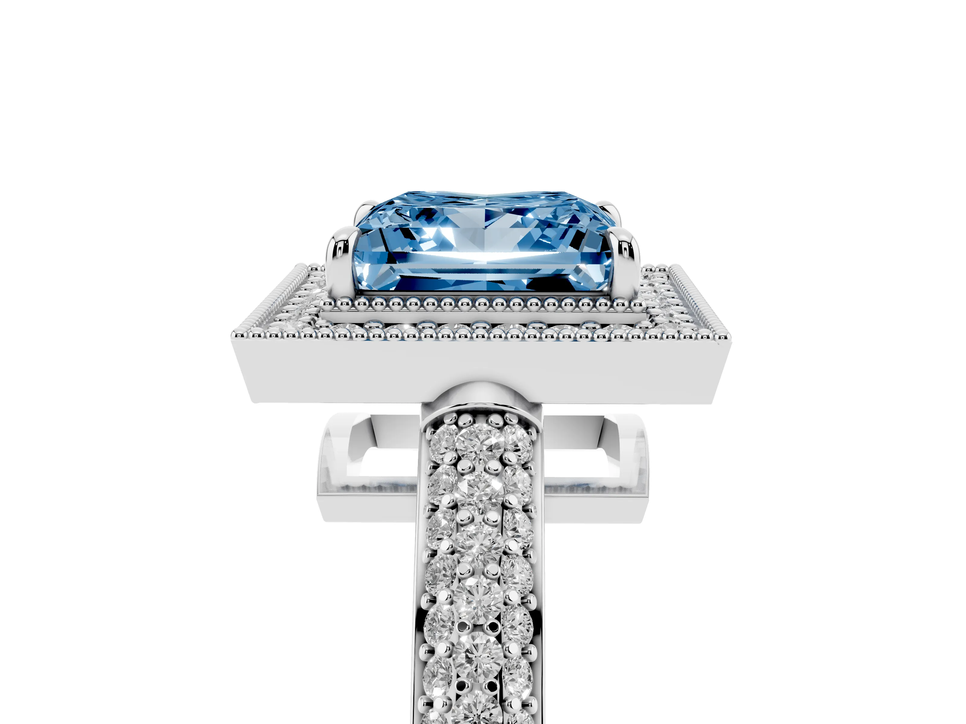 Fancy Blue Princess Cut Diamond Halo Pavé Band Set in White gold with Prong Setting