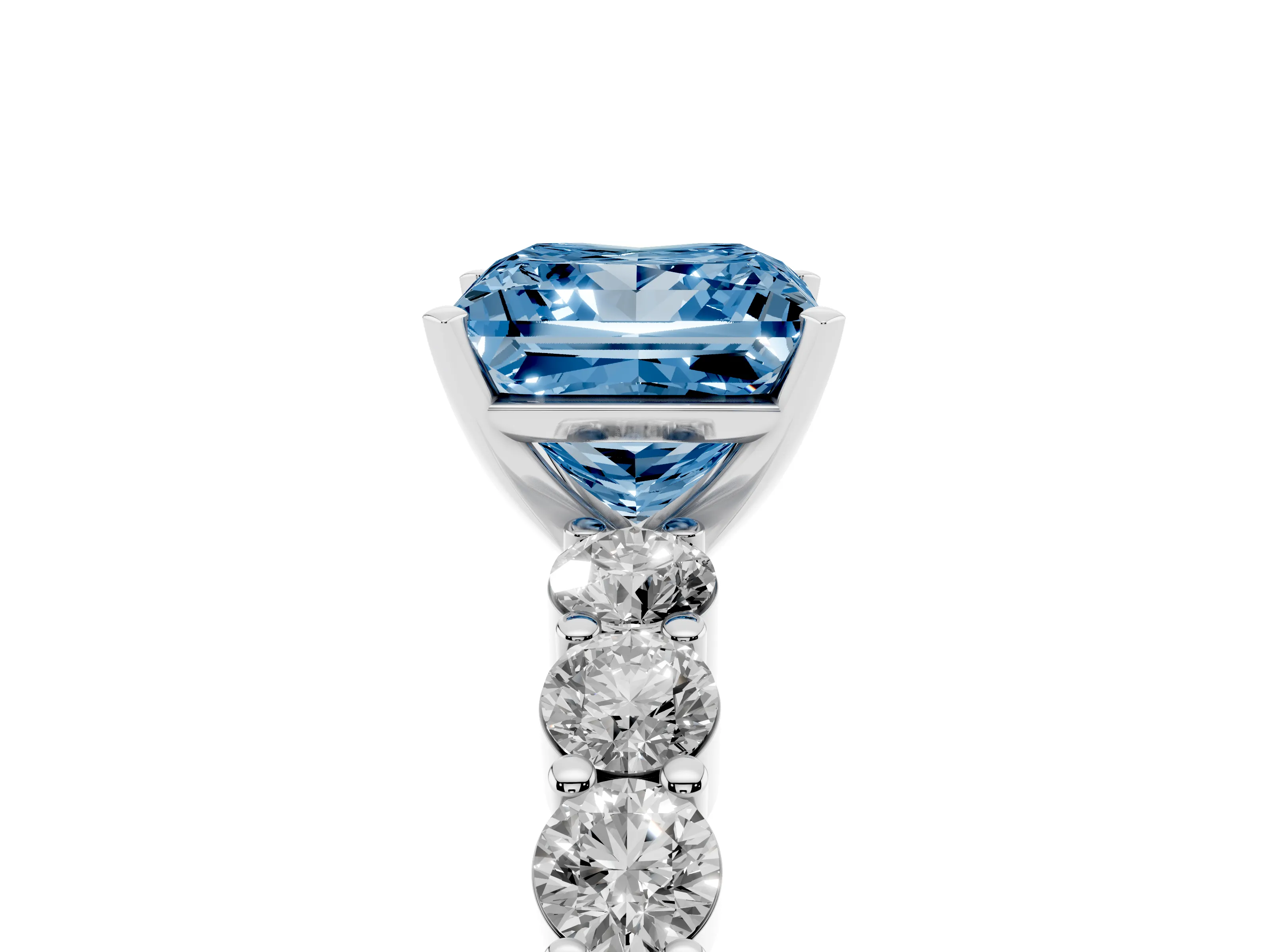 Fancy Blue Princess Cut Diamond Solitaire Ring Set in White gold with Shared Prong Round Side Stones