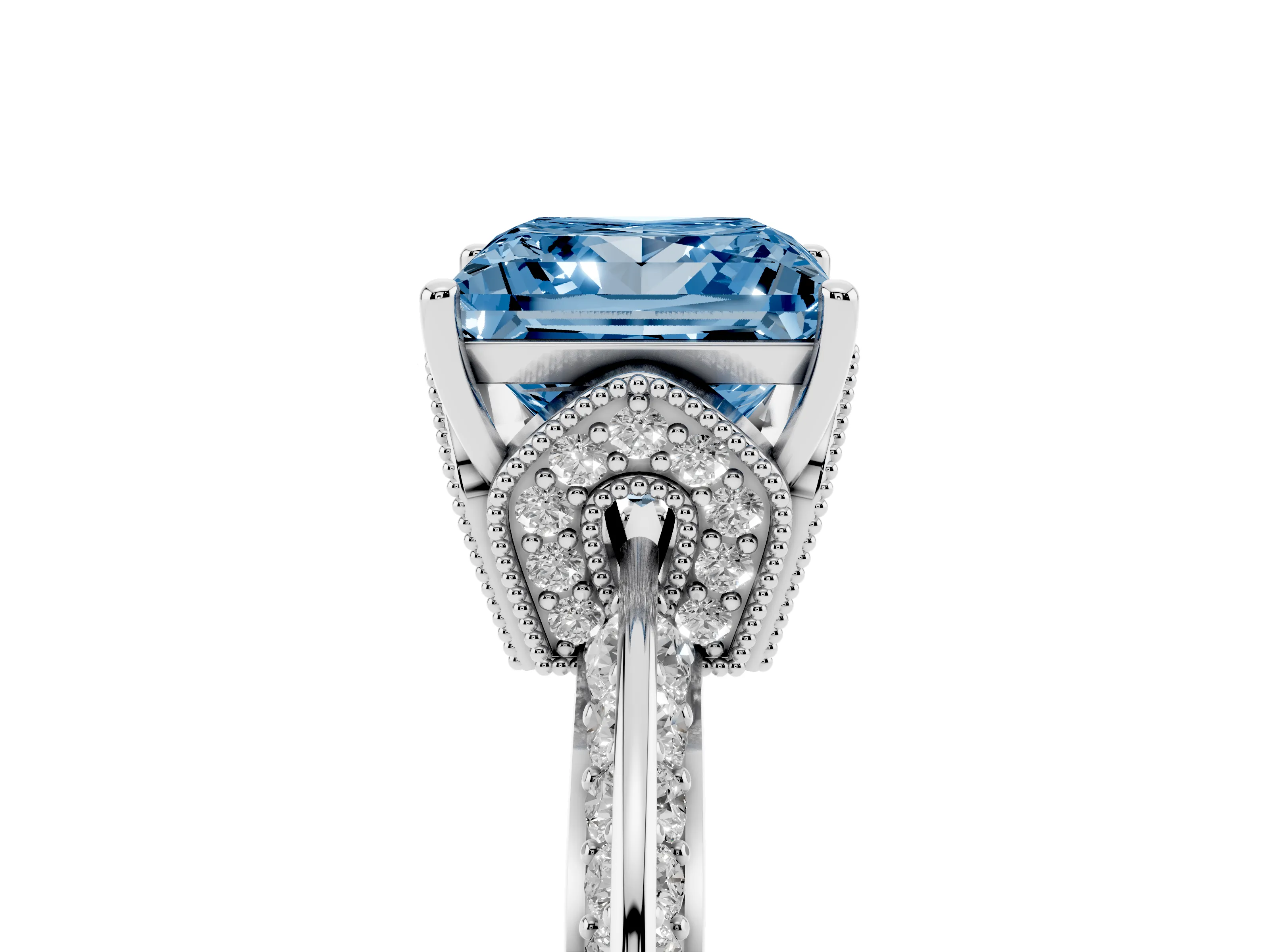 Fancy Blue Princess Cut Diamond Solitaire Engagement Ring Set in White gold with Pavé Split Shank and Prong Setting