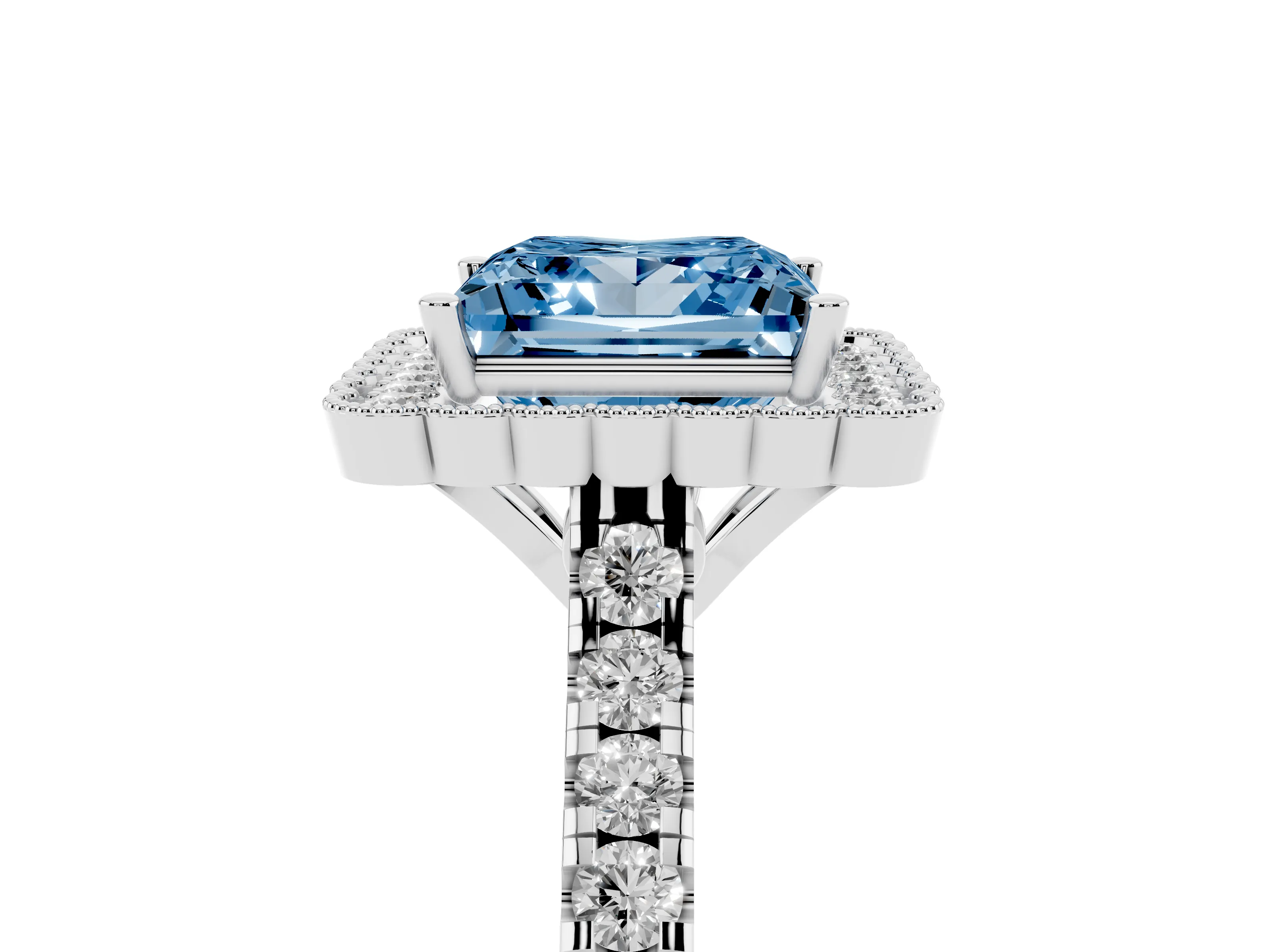 Fancy Blue Princess Cut Diamond Milgrain Floral Halo Engagement Ring Set in Silver with Pavé Band