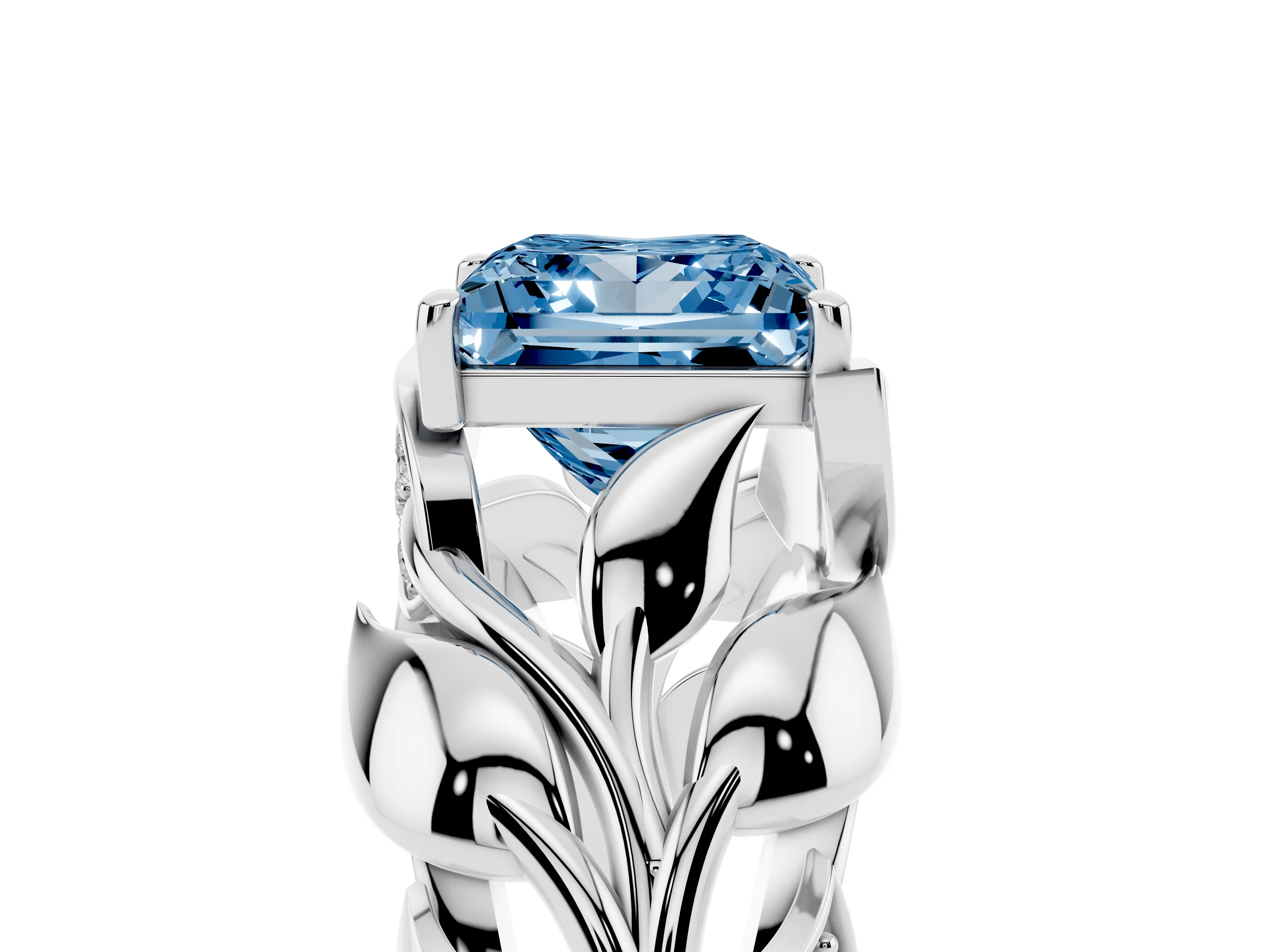 Fancy Blue Princess Cut Diamond Leaf-Inspired Engagement Ring Set in White gold with Round Accents