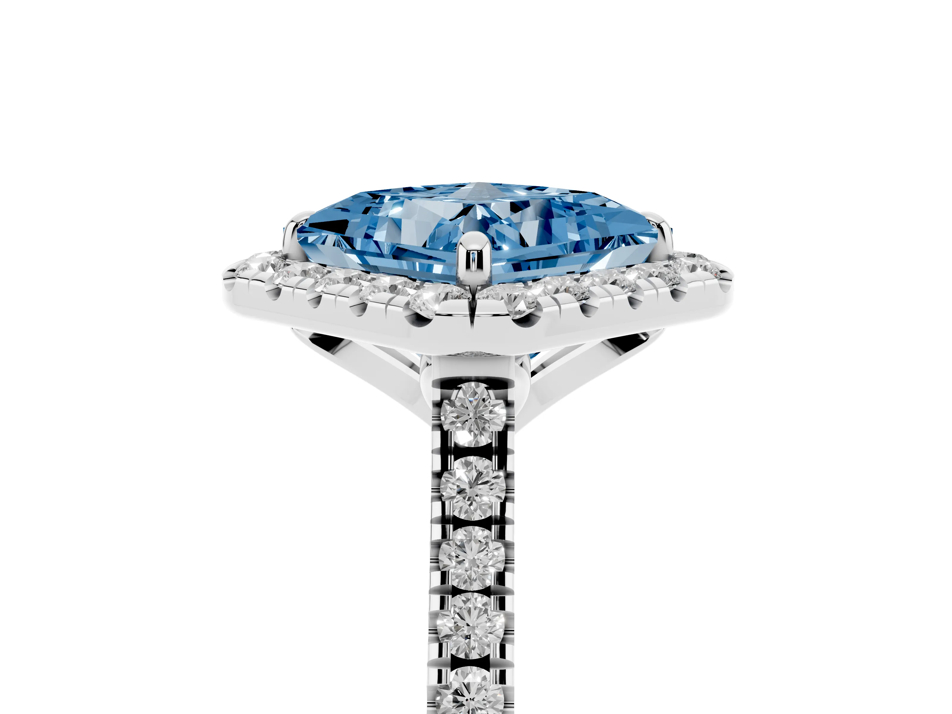 Fancy Blue Princess Cut Diamond Cushion Halo Ring Set in Silver with Pavé Band