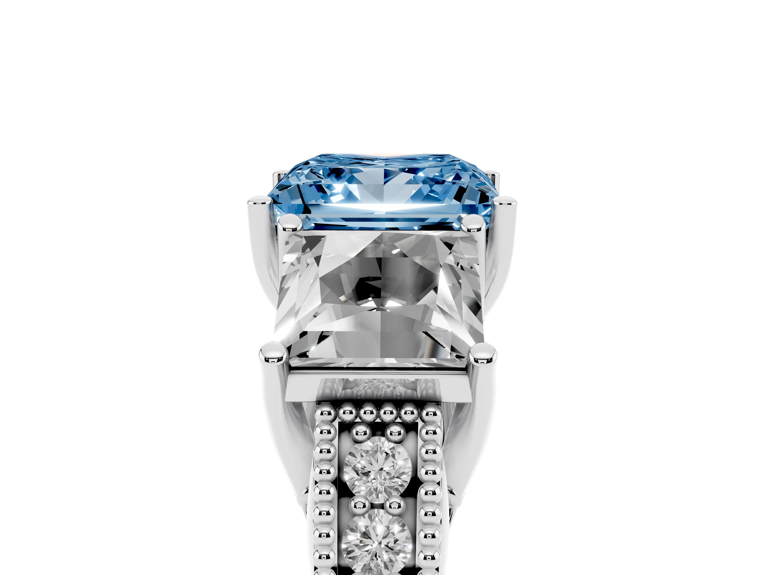 Fancy Blue Princess Cut Diamond Three-Stone Engagement Ring Set in Platinum with Milgrain Pavé Band