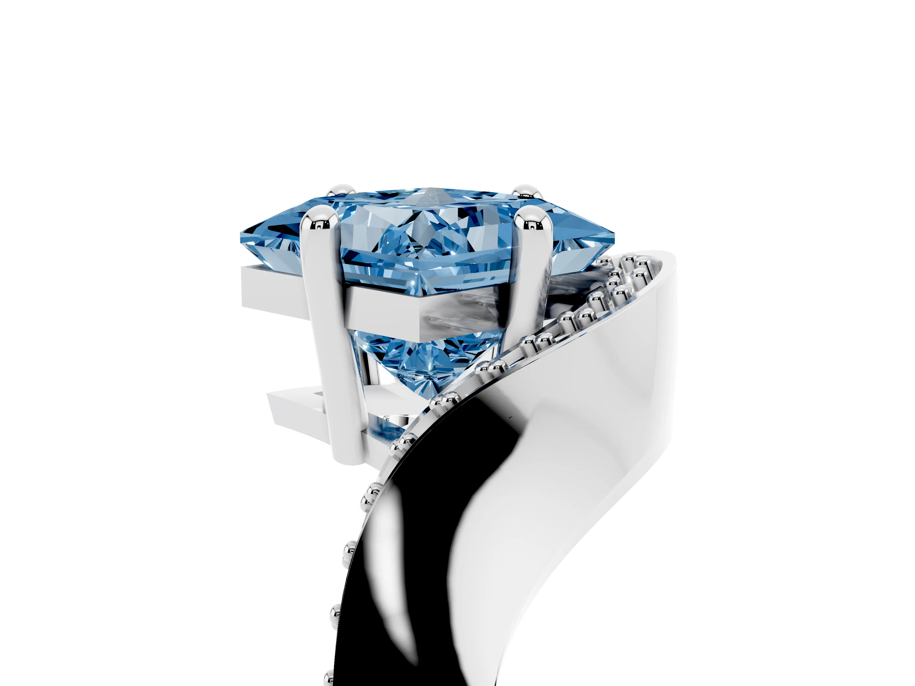 Fancy Blue Princess Cut Diamond Solitaire Engagement Ring Set in Platinum with Pavé Shoulders