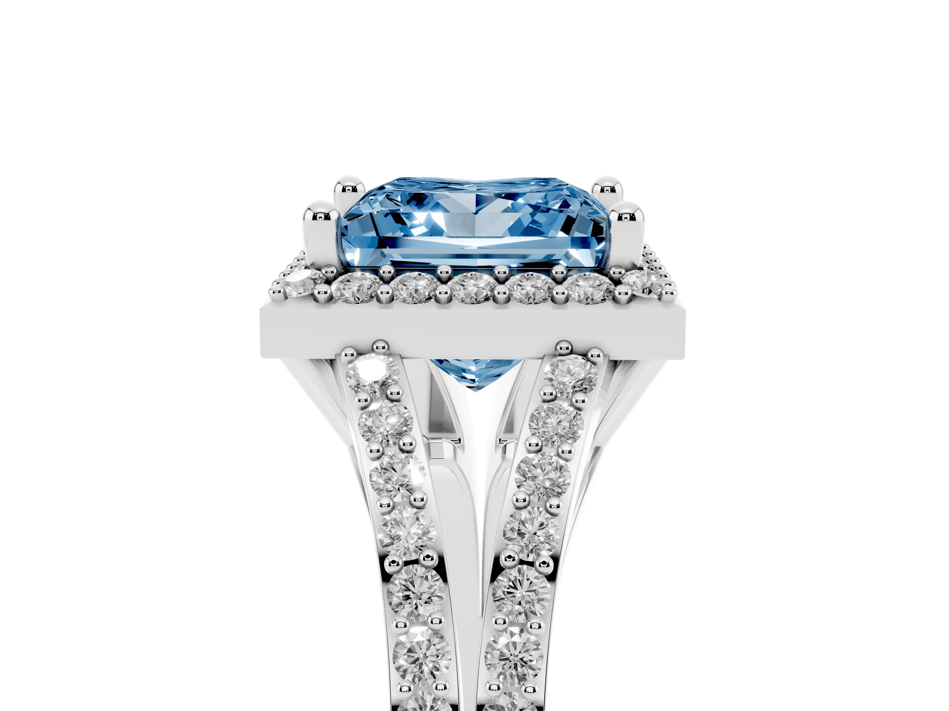 Fancy Blue Princess Cut Diamond Halo Split Shank Pavé Ring Set in White gold with Prong Setting