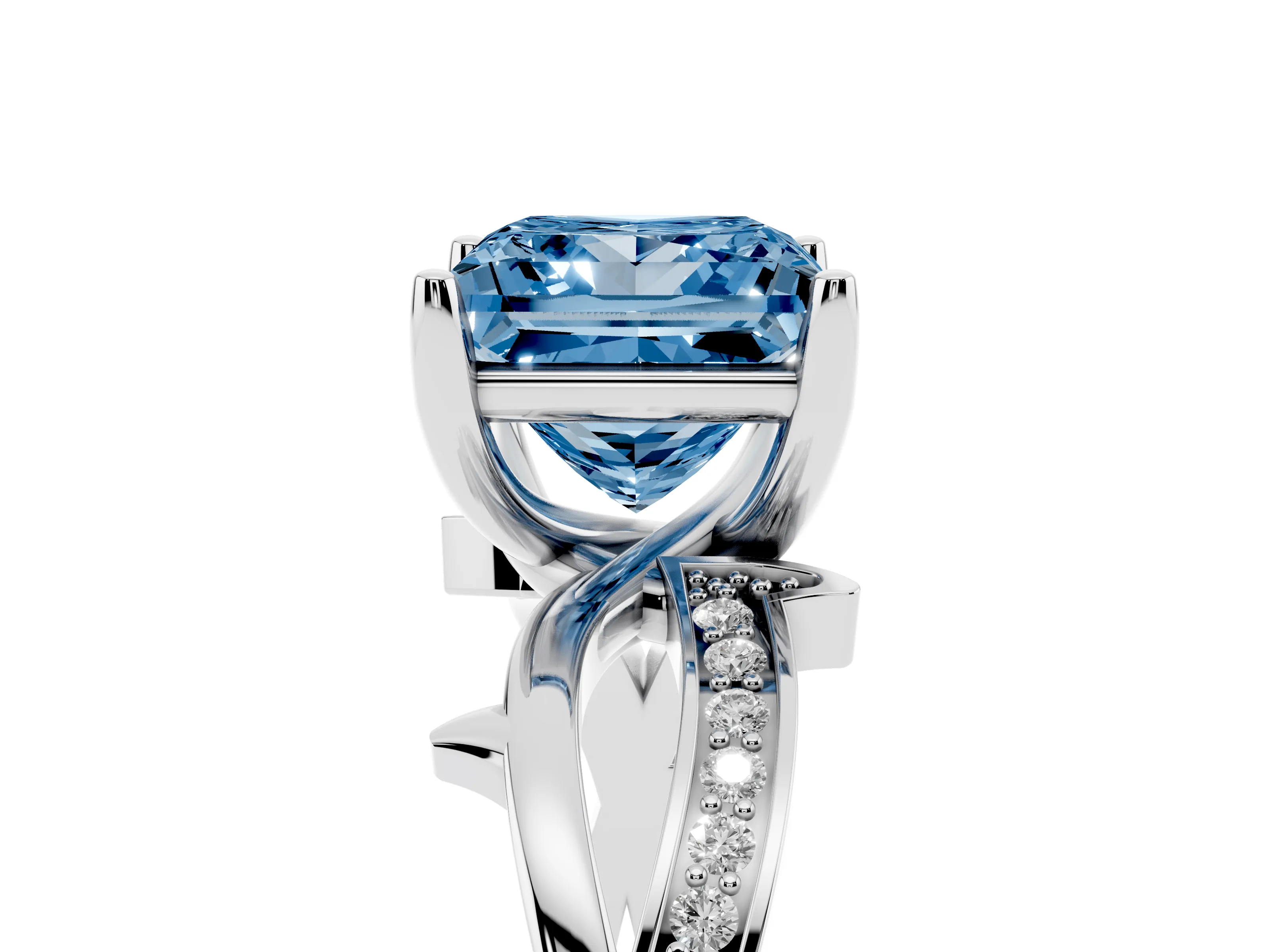 Fancy Blue Princess Cut Diamond Pavé Twist Band Solitaire Ring Set in Silver with Prong Setting