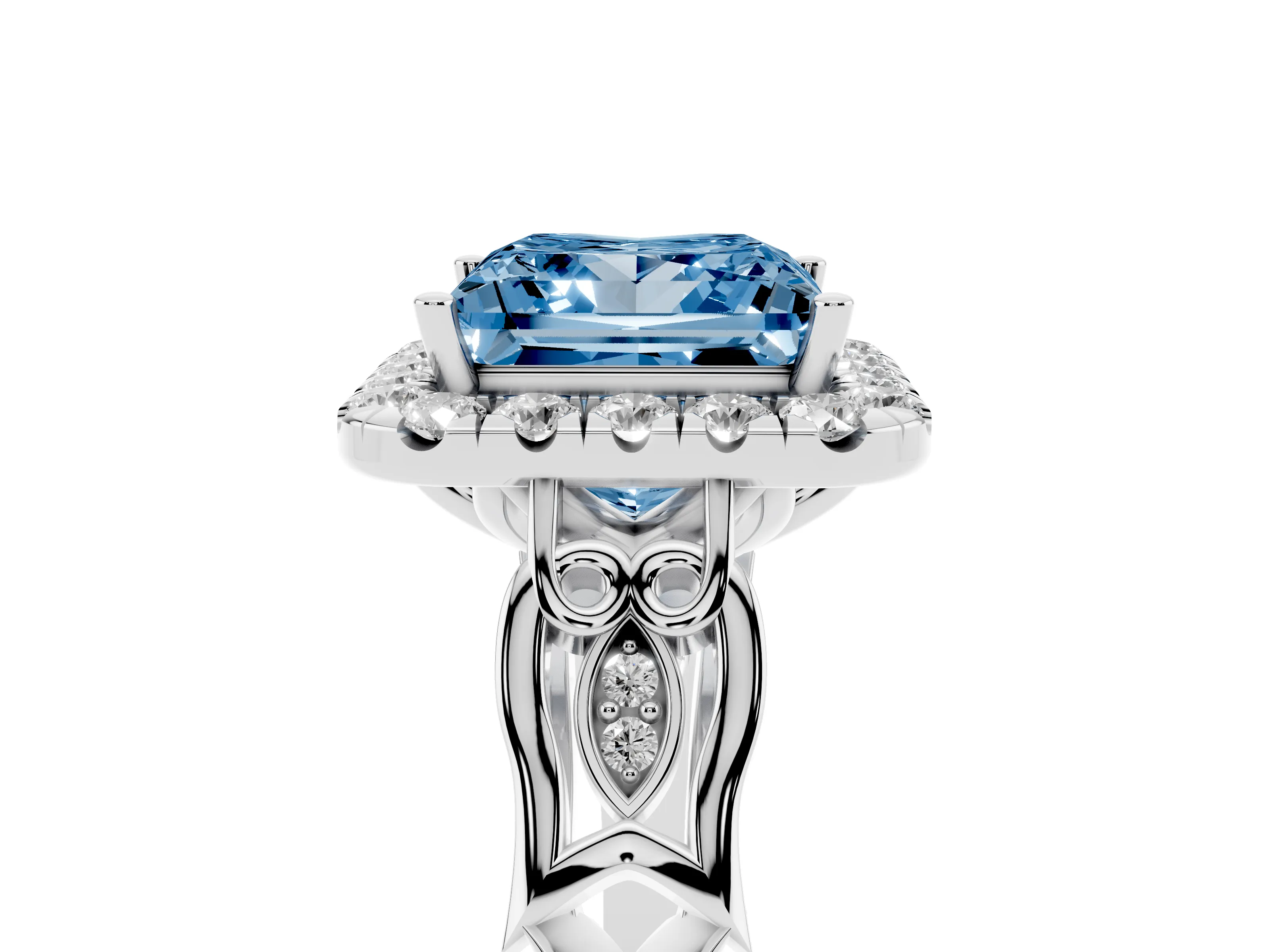 Fancy Blue Princess Cut Diamond Halo Engagement Ring Set in White gold with Filigree Band and Prong-Set Center