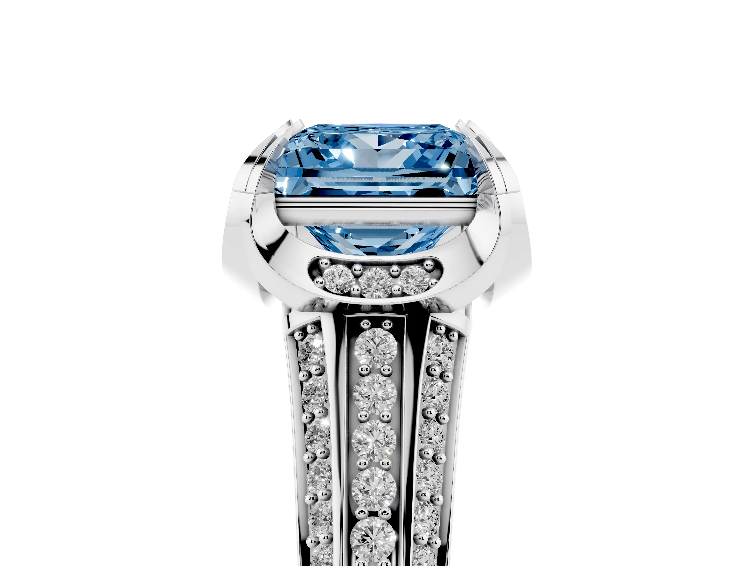 Fancy Blue Princess Cut Diamond Pavé Split Shank Solitaire Ring Set in Silver with Prong Setting