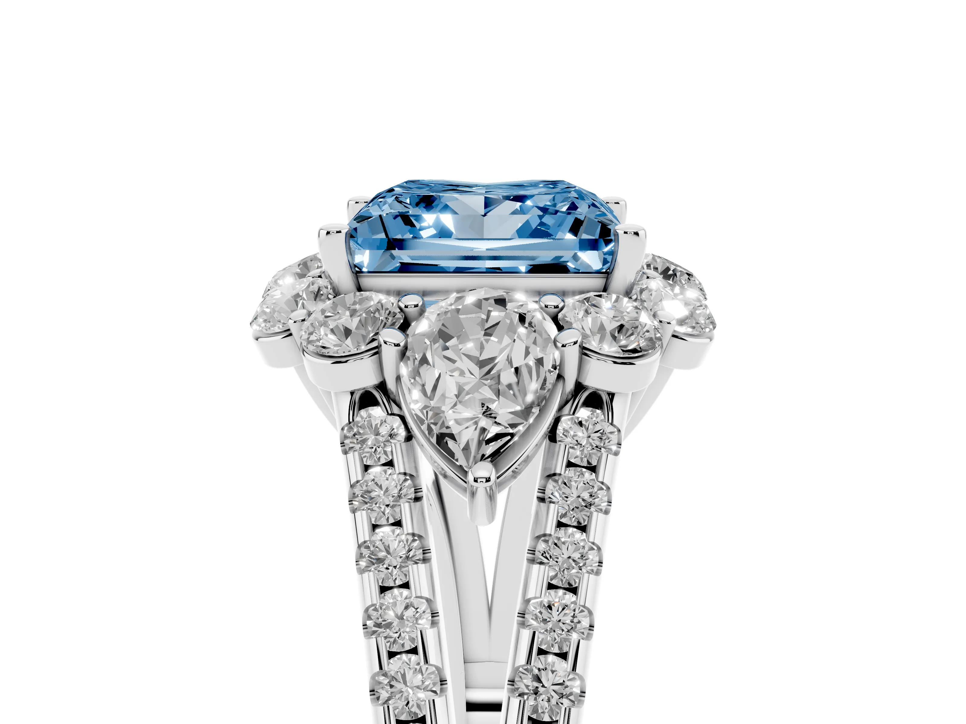 Fancy Blue Princess Cut Diamond Halo Split Shank Engagement Ring Set in Platinum with Prong-Held Center Stone