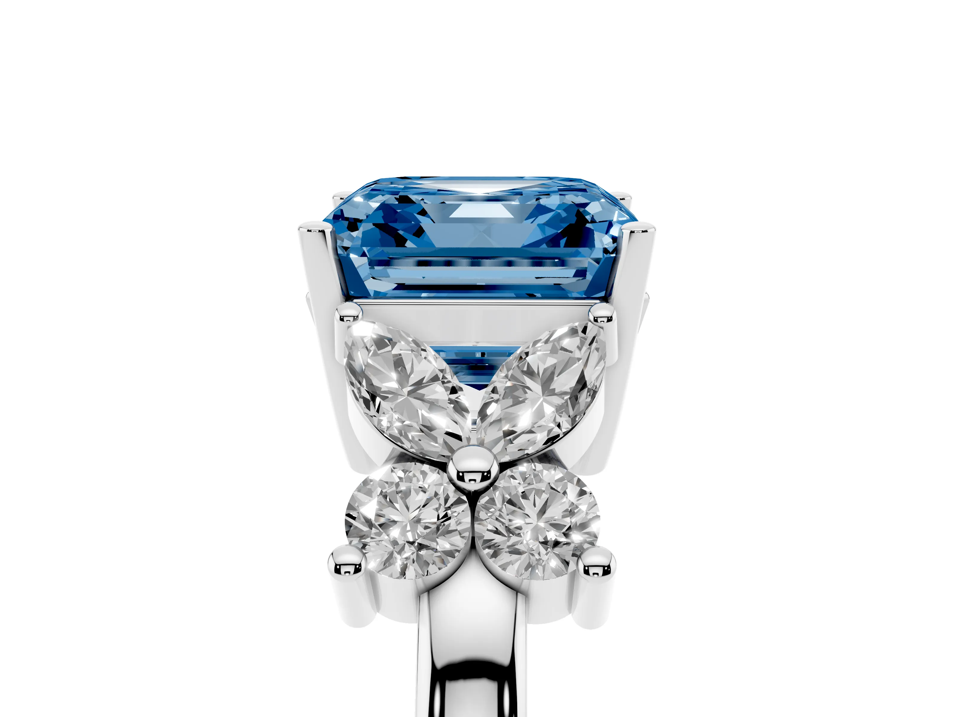 Fancy Blue Princess Cut Diamond Floral Cluster Ring Set in White gold with Marquise Petals and Prong Setting