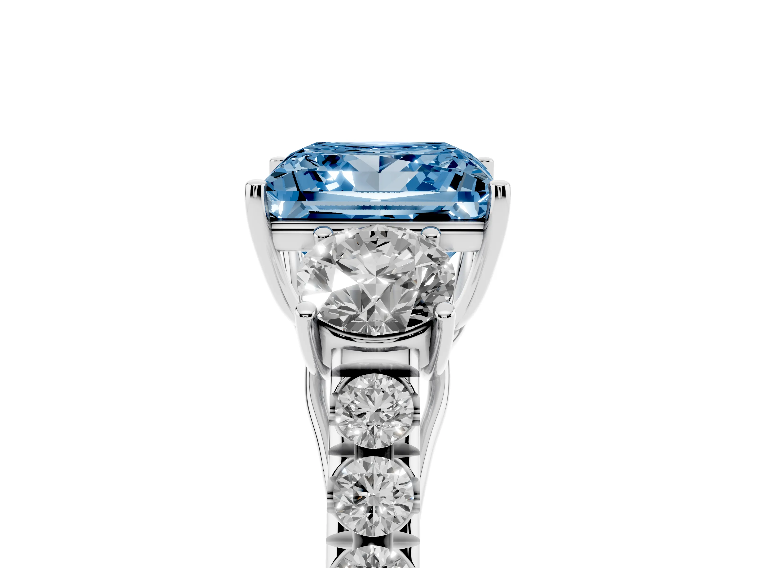 Fancy Blue Princess Cut Diamond Three-Stone Ring Set in Platinum with Round Side Stones and Delicate Pavé Band