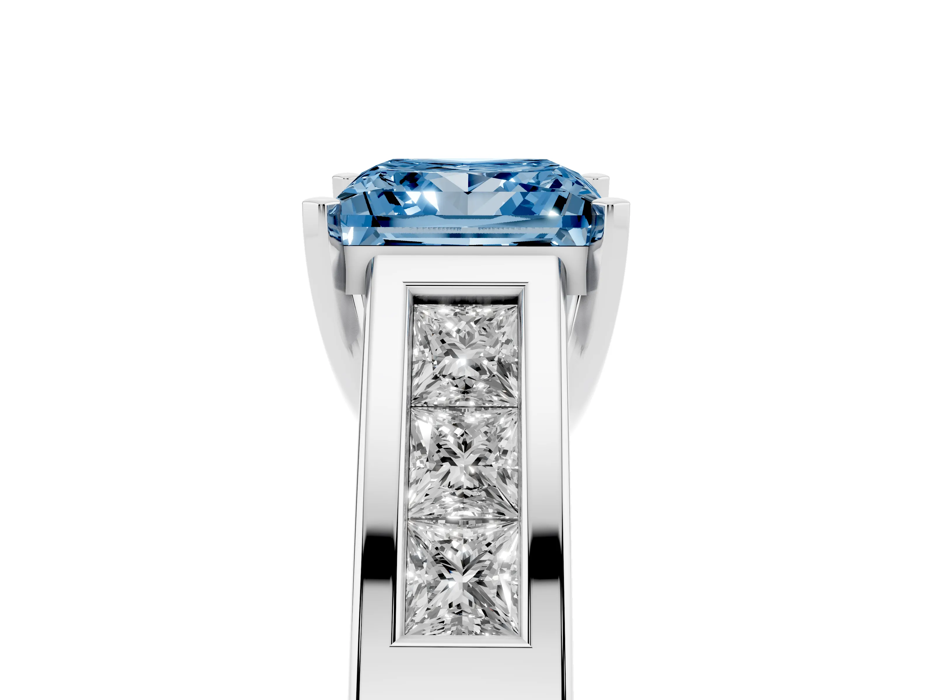 Fancy Blue Princess Cut Diamond Solitaire Ring Set in Silver with Channel-Set Accent Stones and Prong Setting