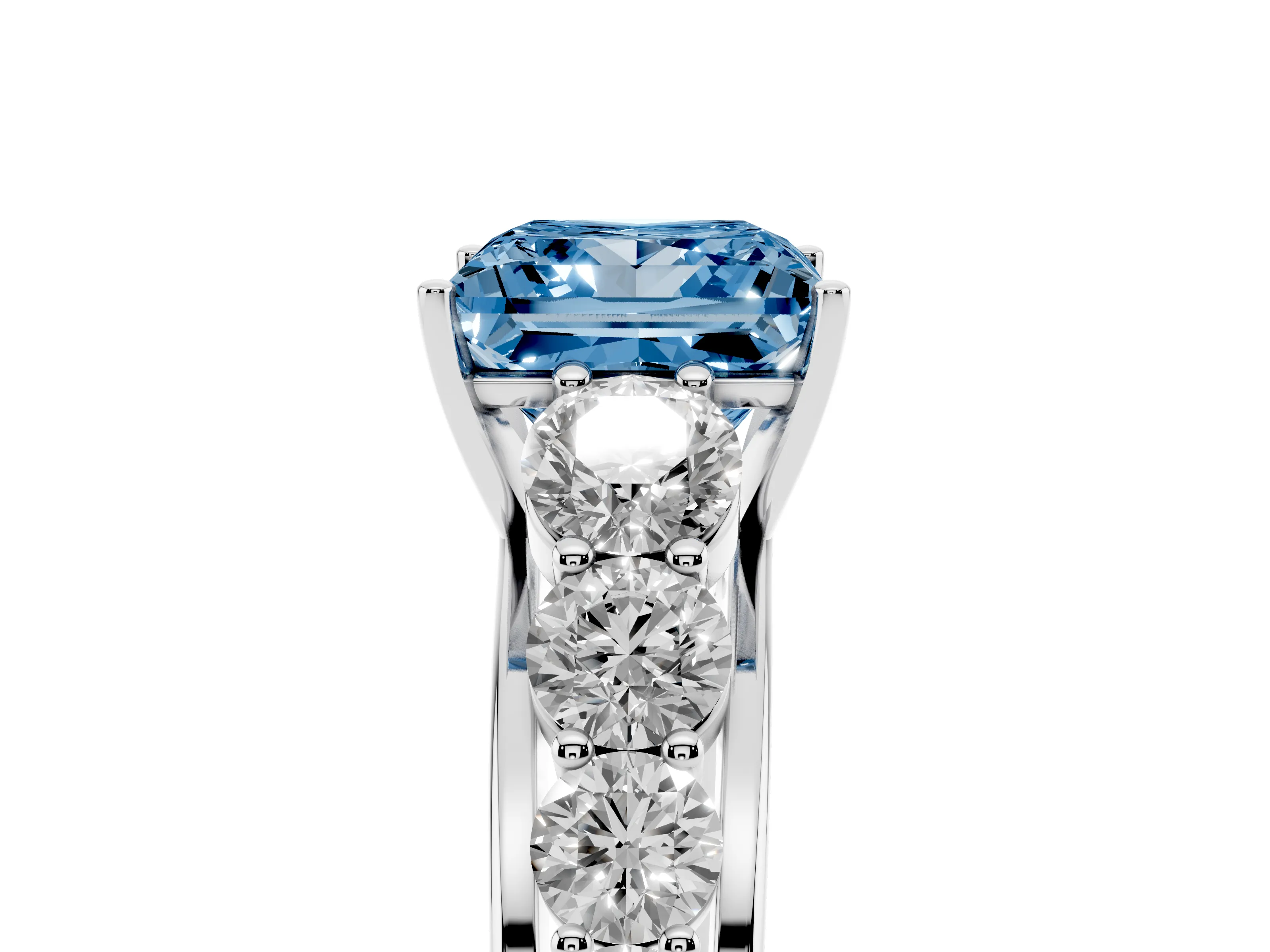 Fancy Blue Princess Cut Diamond Solitaire Ring Set in Platinum with Pavé-Set Band and Prong Setting