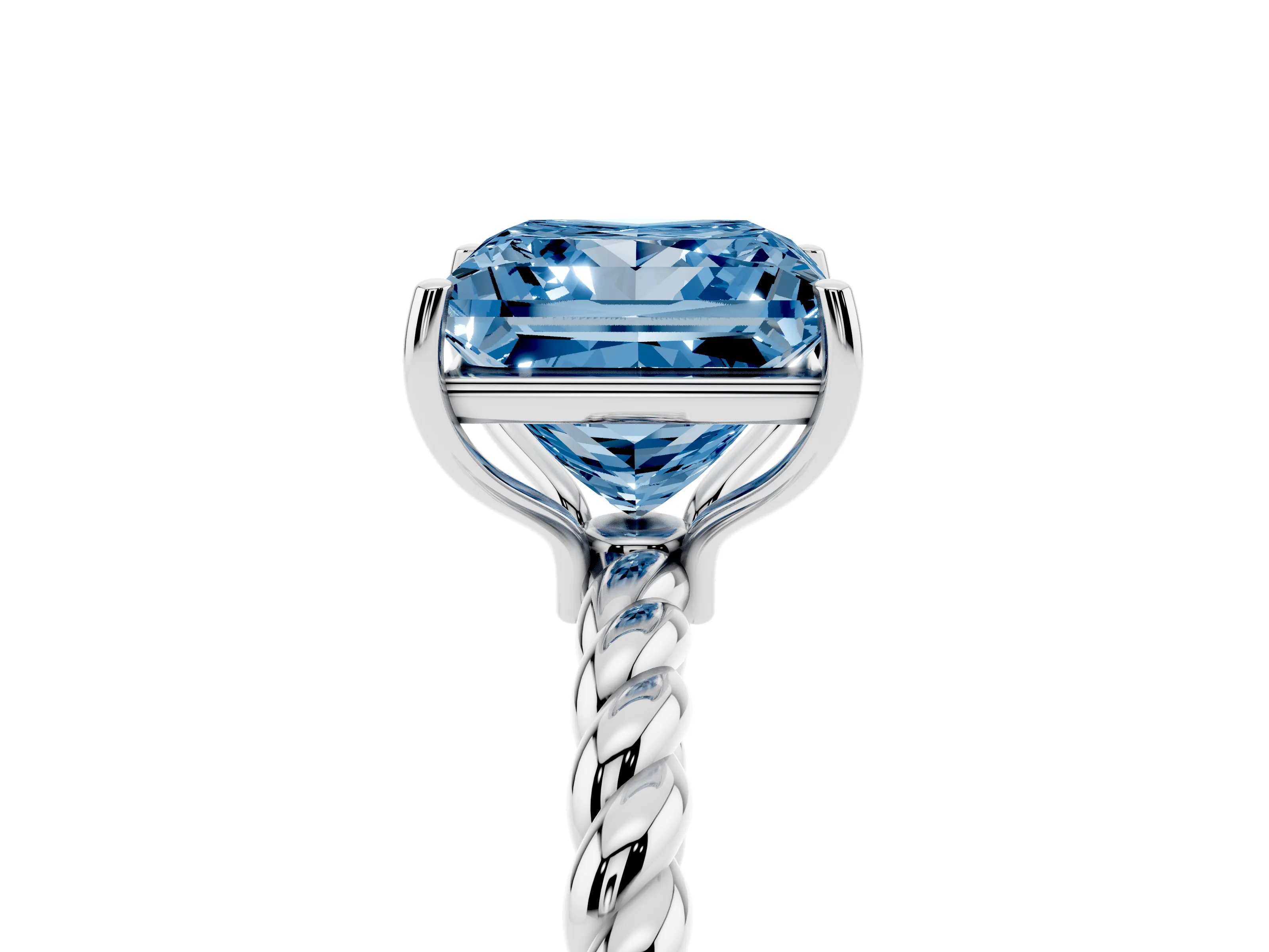 Fancy Blue Princess Cut Diamond Solitaire Ring Set in Platinum with Twist Band and Prong Setting