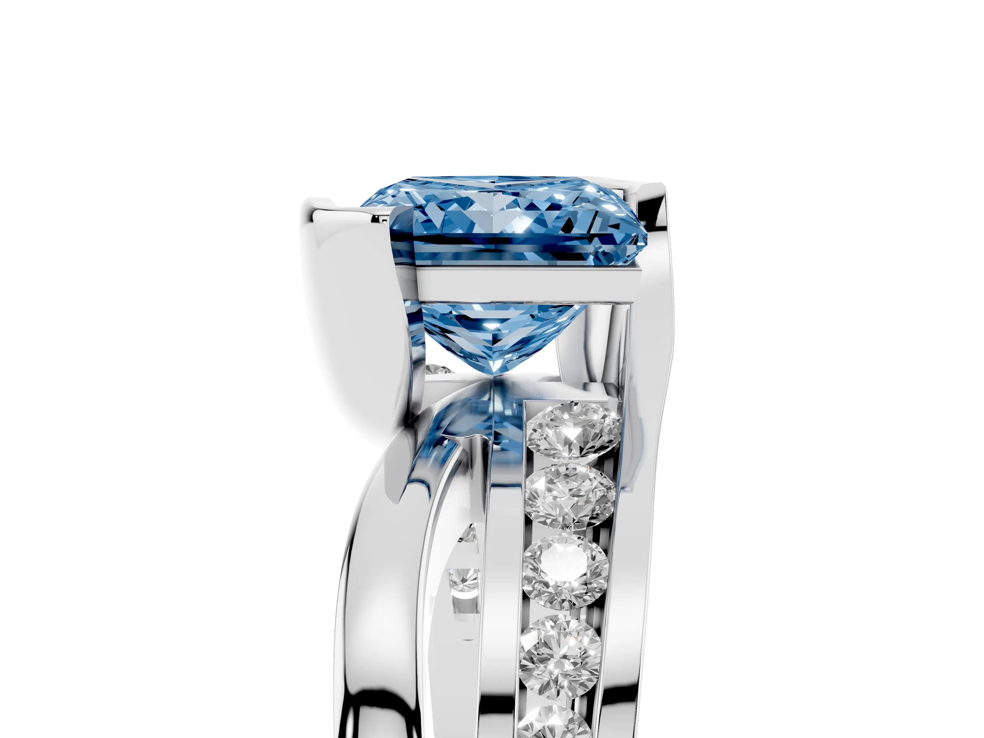 Fancy Blue Princess Cut Diamond Solitaire Ring Set in Silver with Channel Set Split Shank and Tension Prongs