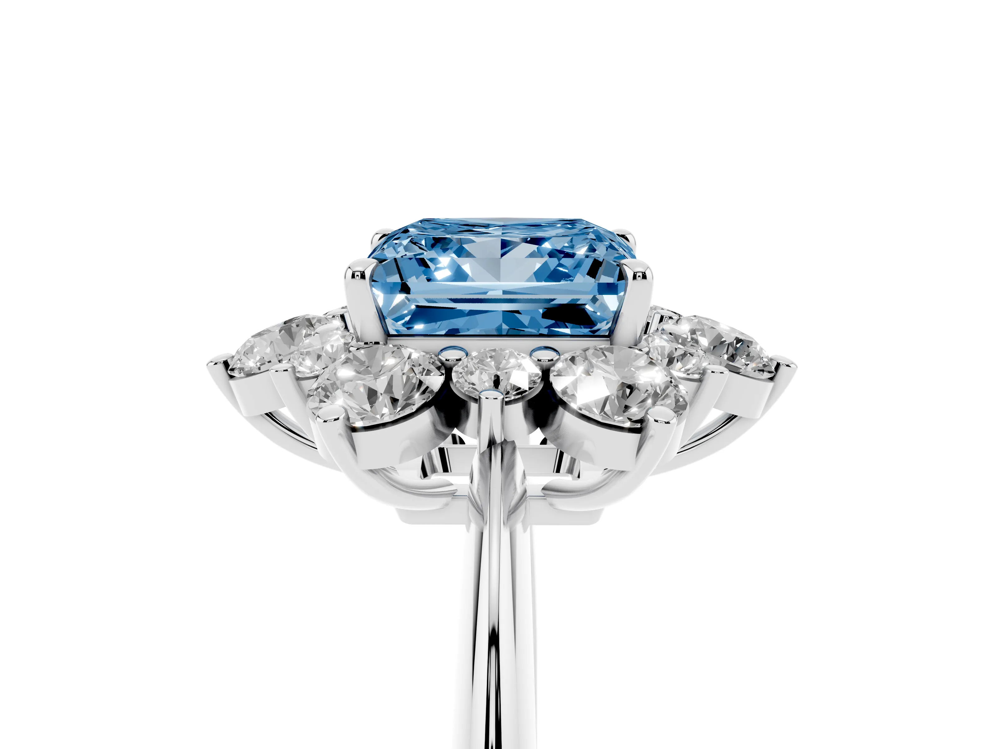 Fancy Blue Princess Cut Diamond Cluster Halo Ring Set in White gold with Solitaire Band and Prong Setting