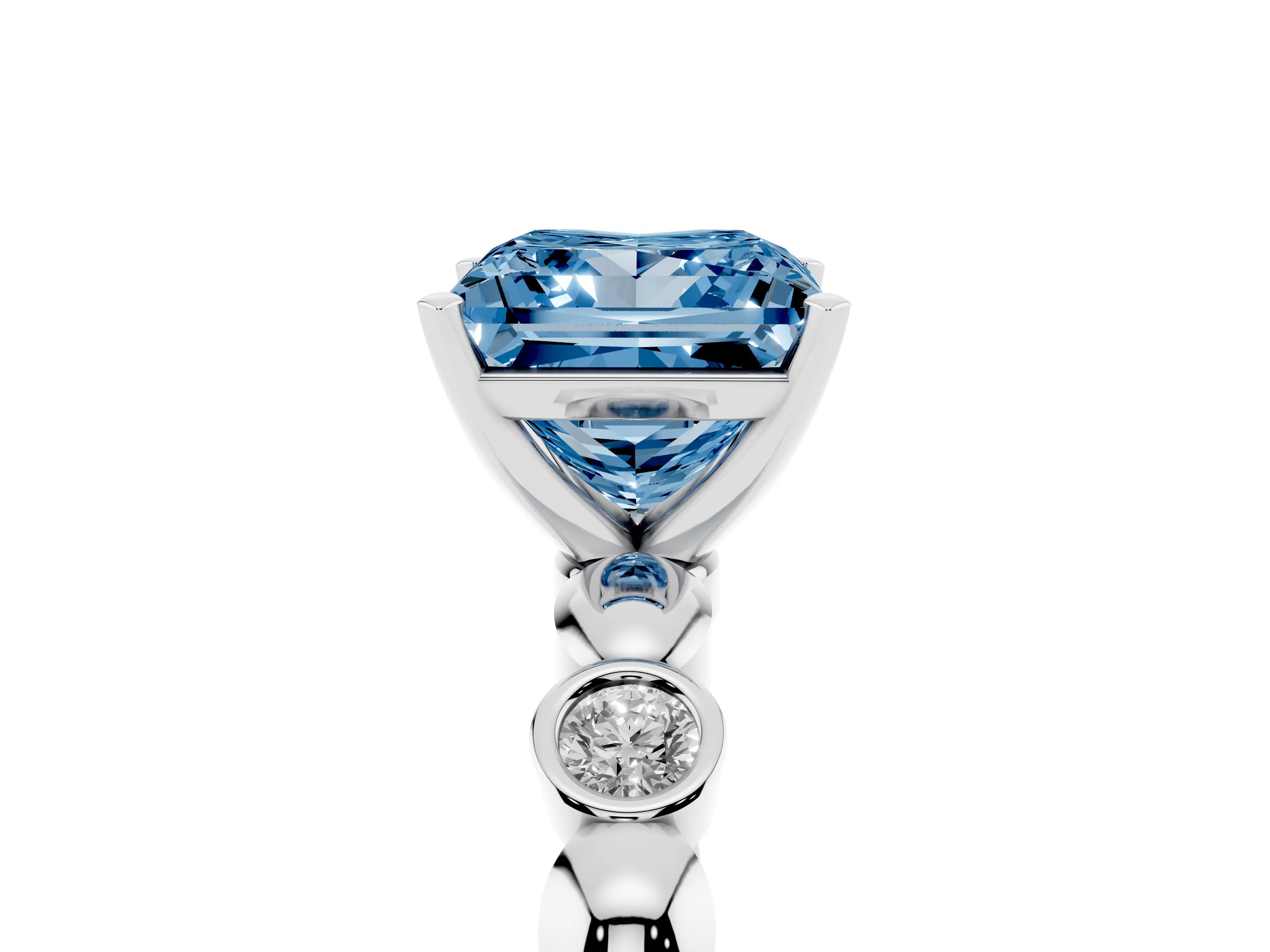 Fancy Blue Princess Cut Diamond Solitaire Ring Set in Silver with Bezel-Set Accents on Beaded Band and Prong Setting