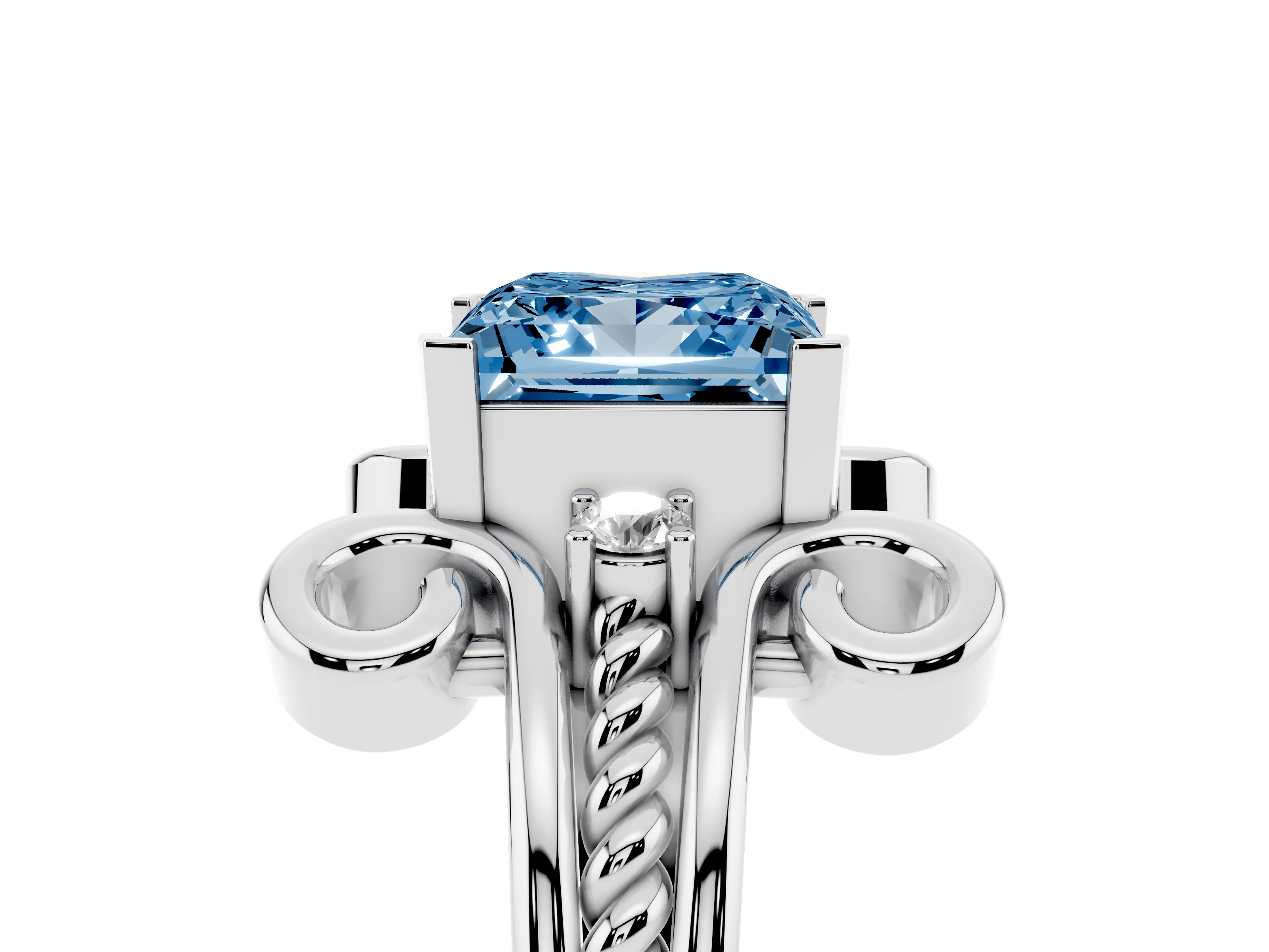 Fancy Blue Princess Cut Diamond Twisted Band Solitaire Ring Set in White gold with Scroll Prongs