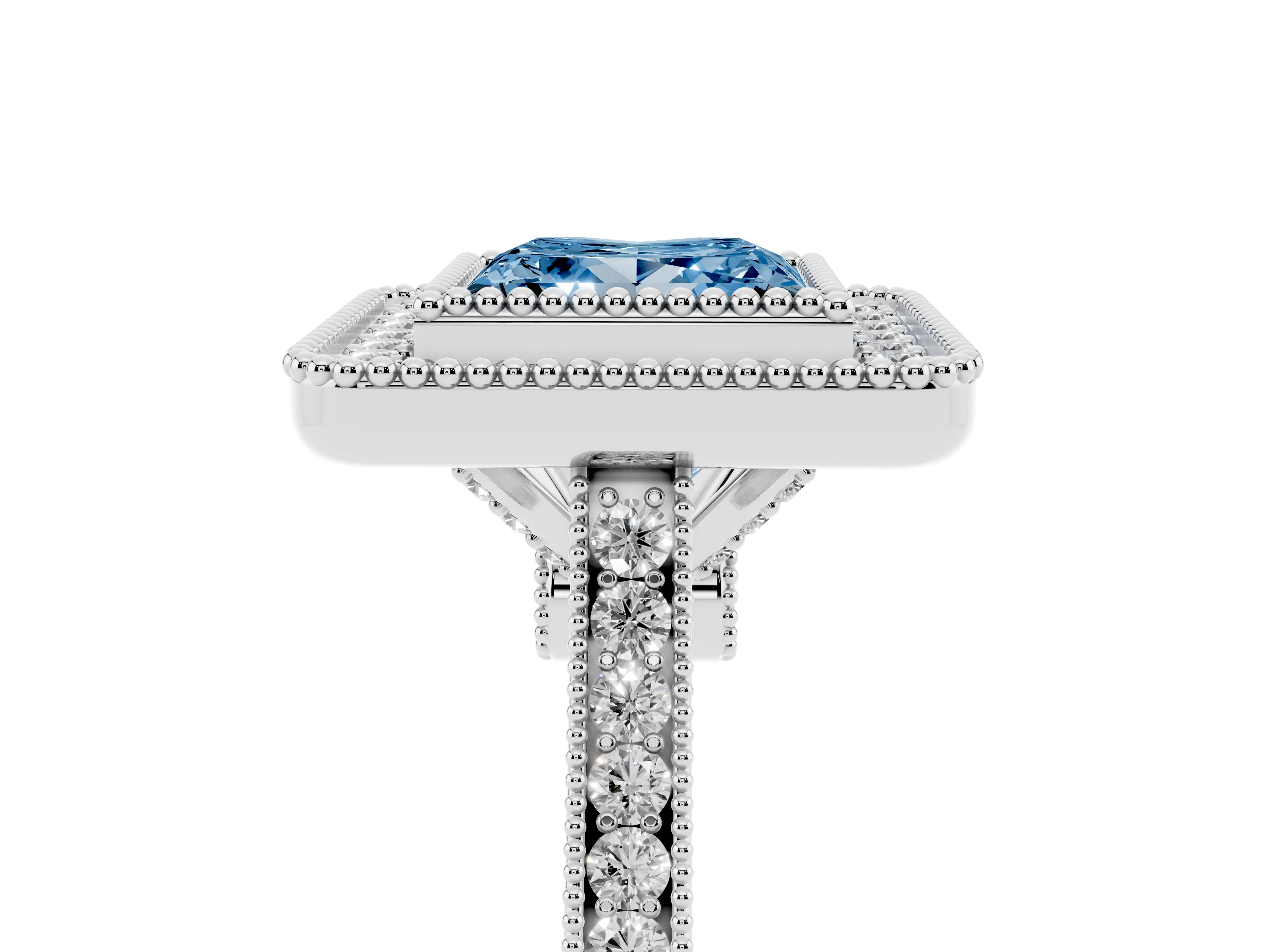 Fancy Blue Princess Cut Diamond Halo Ring Set in Silver with Milgrain Frame and Pavé Band