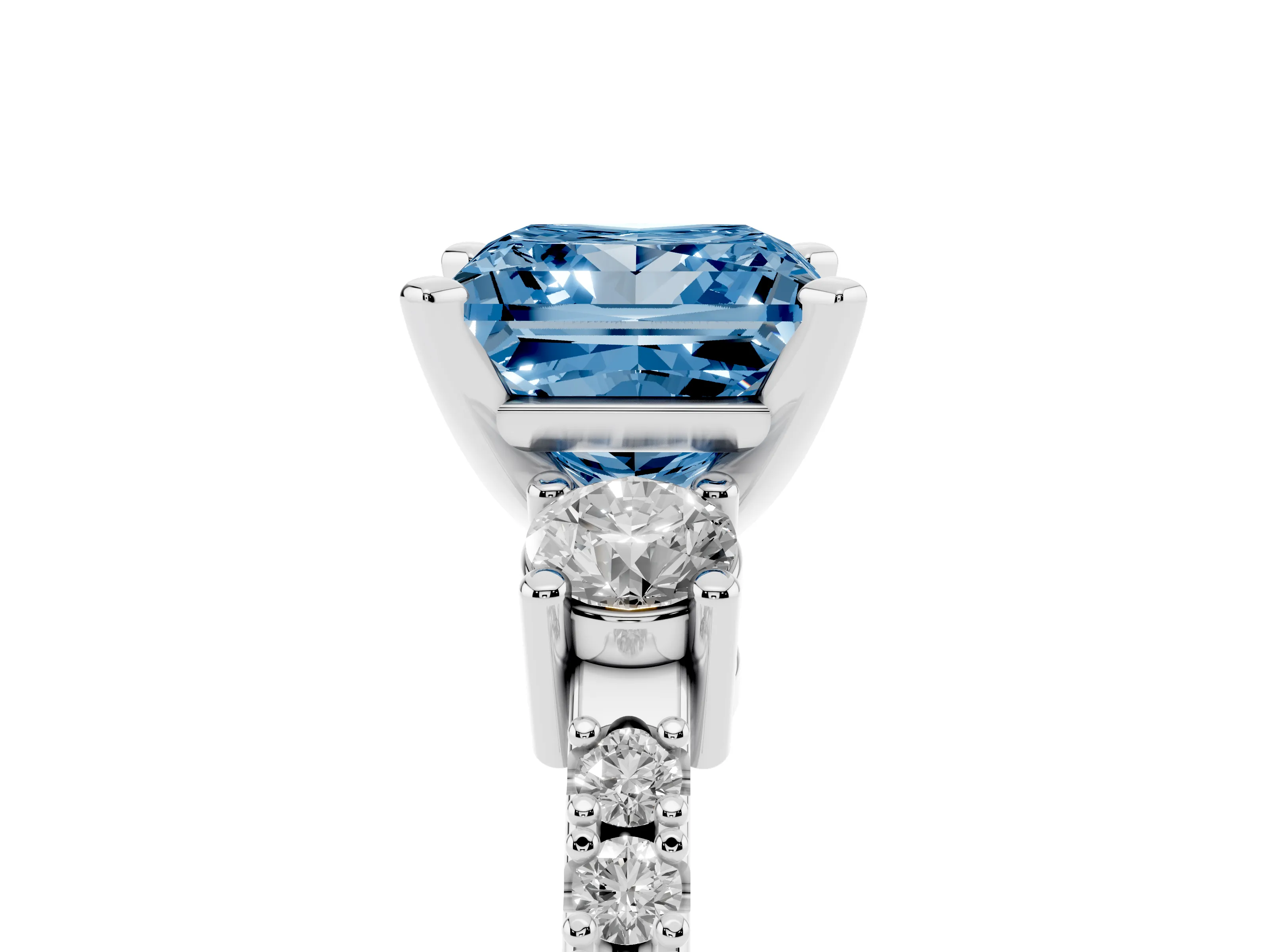 Fancy Blue Three-Stone Princess Cut Diamond Pavé Band Ring Set in Silver with Prong Setting