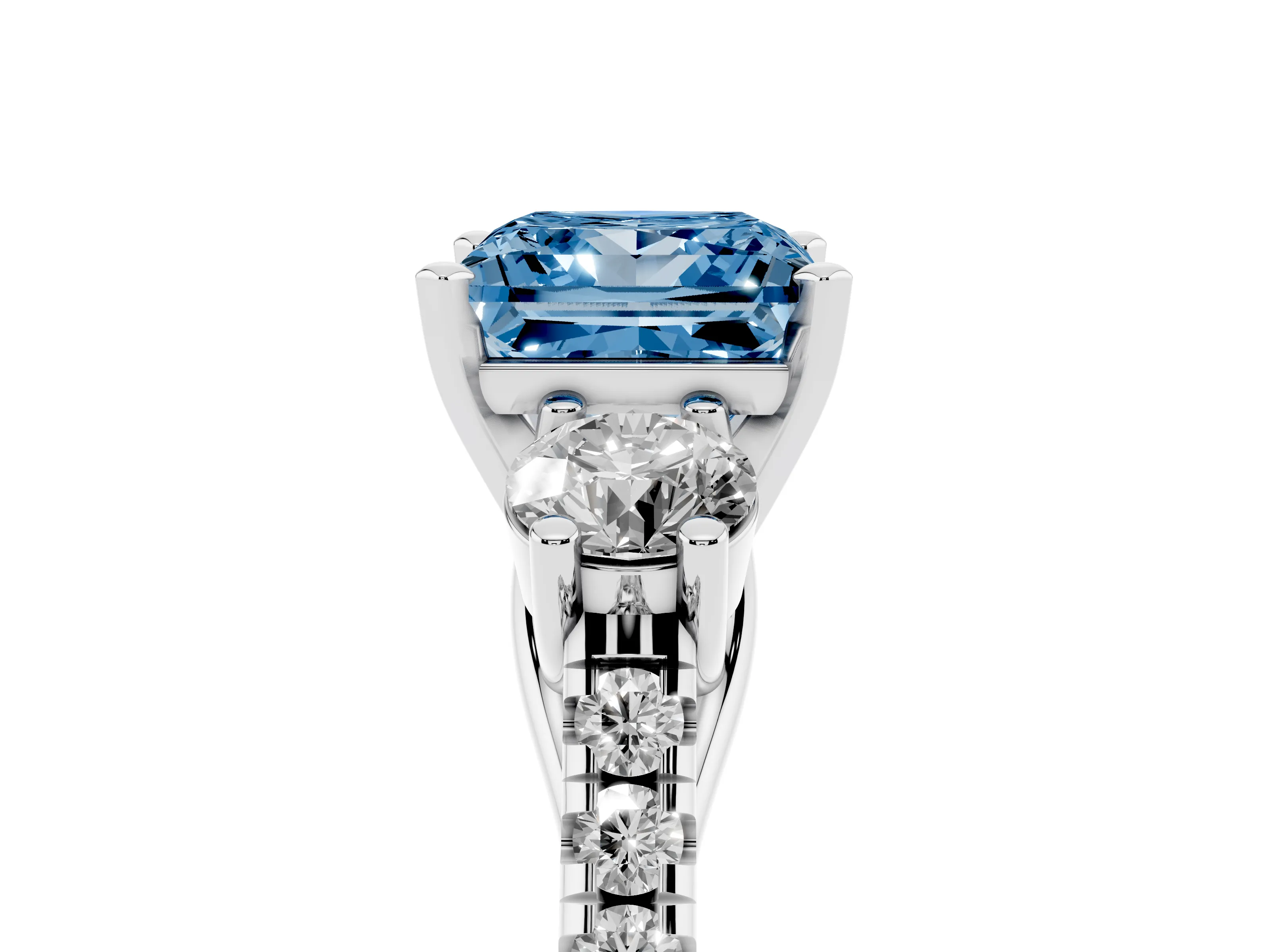 Fancy Blue Three-Stone Princess Cut Diamond Pavé Band Ring Set in Platinum with Prong-Set Trio