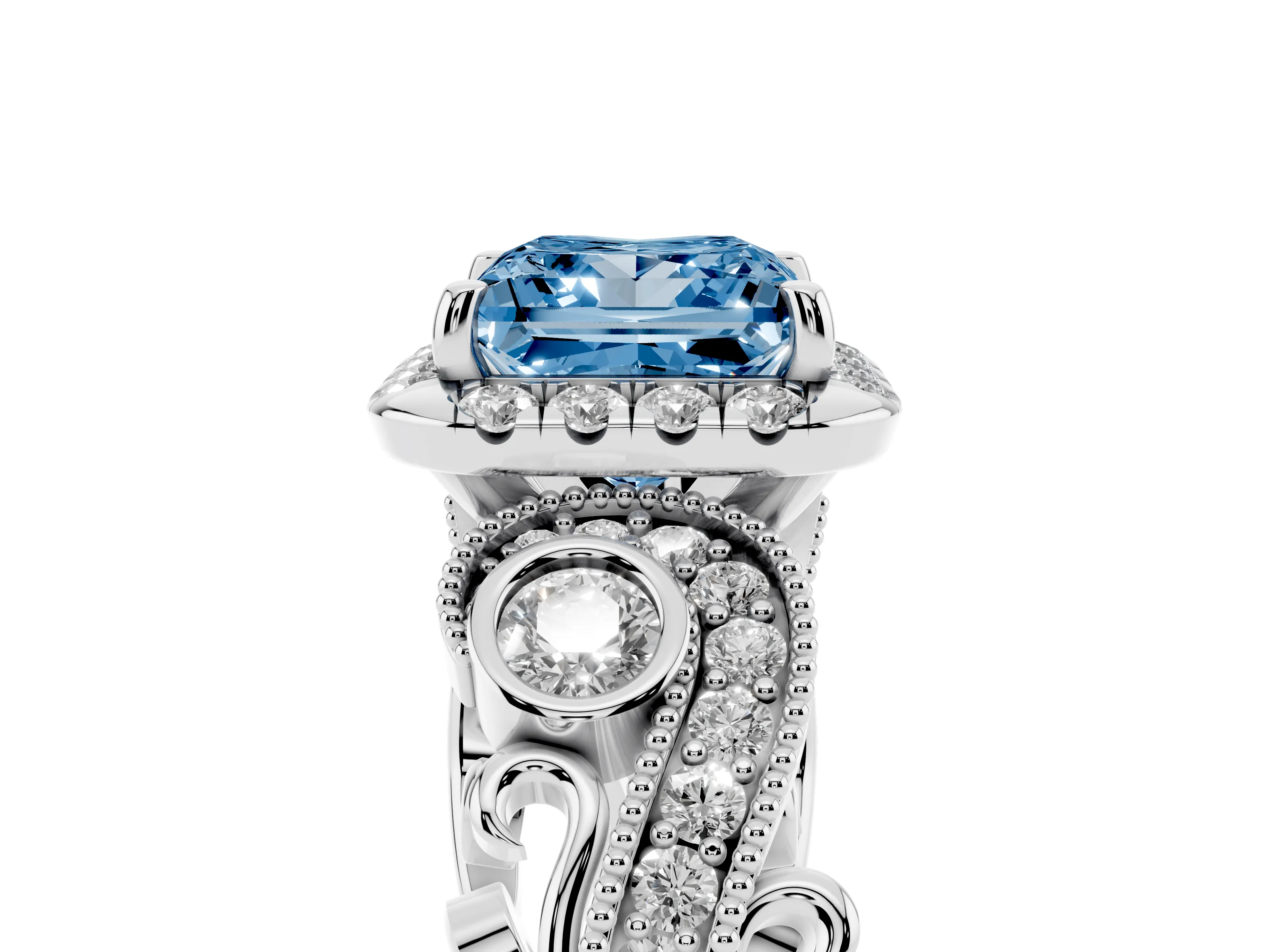 Fancy Blue Princess Cut Diamond Halo Split Shank Ring Set in Silver with Milgrain and Bezel Accents