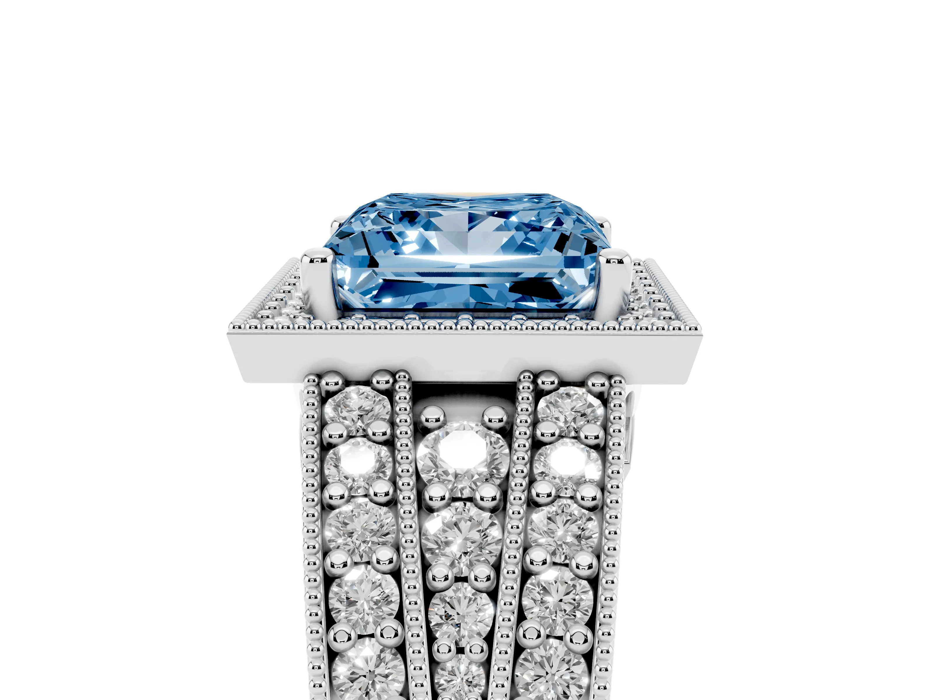 Fancy Blue Princess Cut Diamond Halo Ring Set in White gold with Accent Split Shank and Prong Setting
