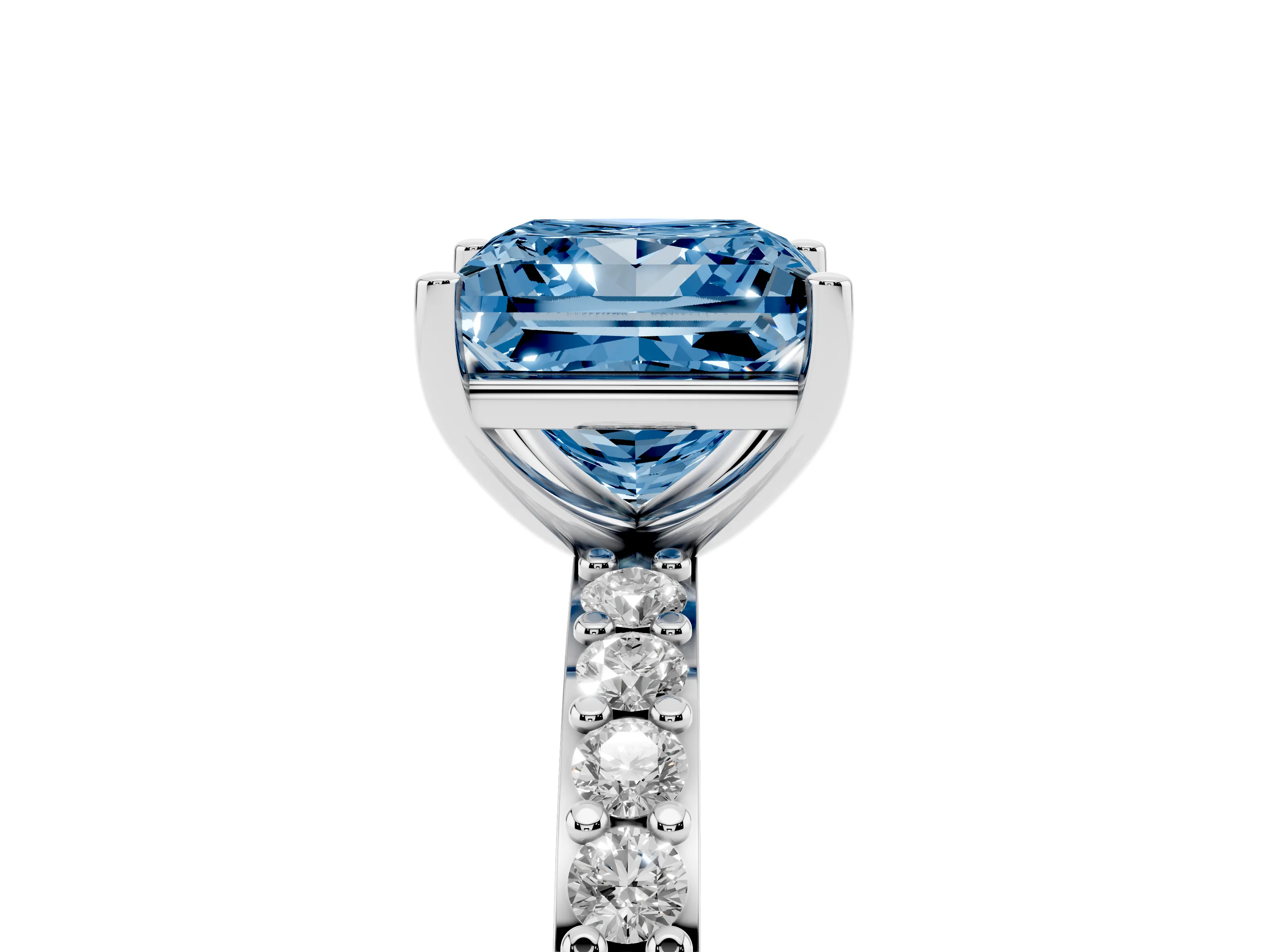 Fancy Blue Princess Cut Diamond Solitaire Set in White gold with Round Pavé Band and Prong Setting