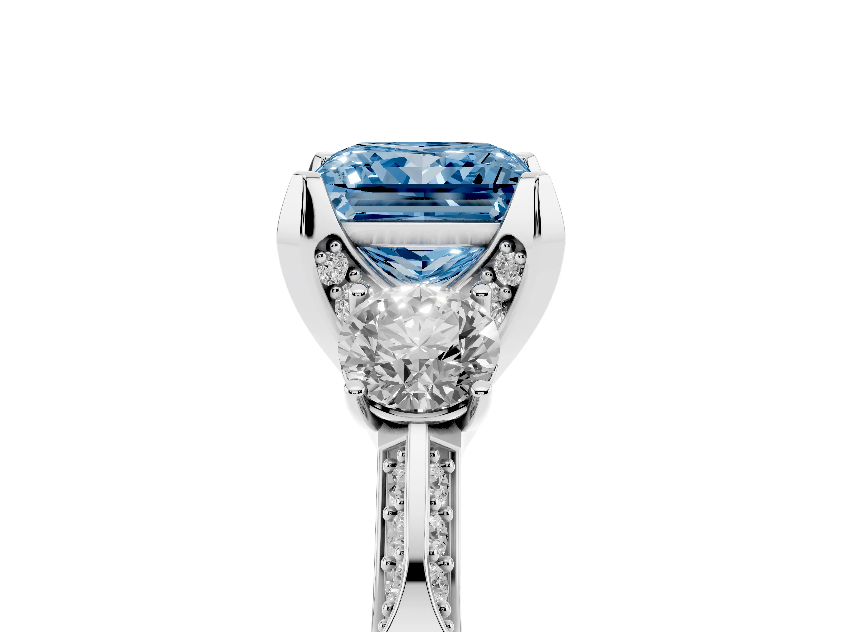 Fancy Blue Princess Cut Diamond Three-Stone Ring Set in White gold with Pavé Band and Smaller Side Stones